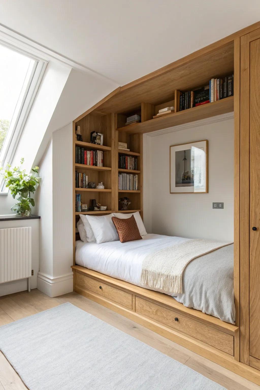 A hidden alcove bed with built‑in storage creates a cozy ‘room within a room’ in small spaces.