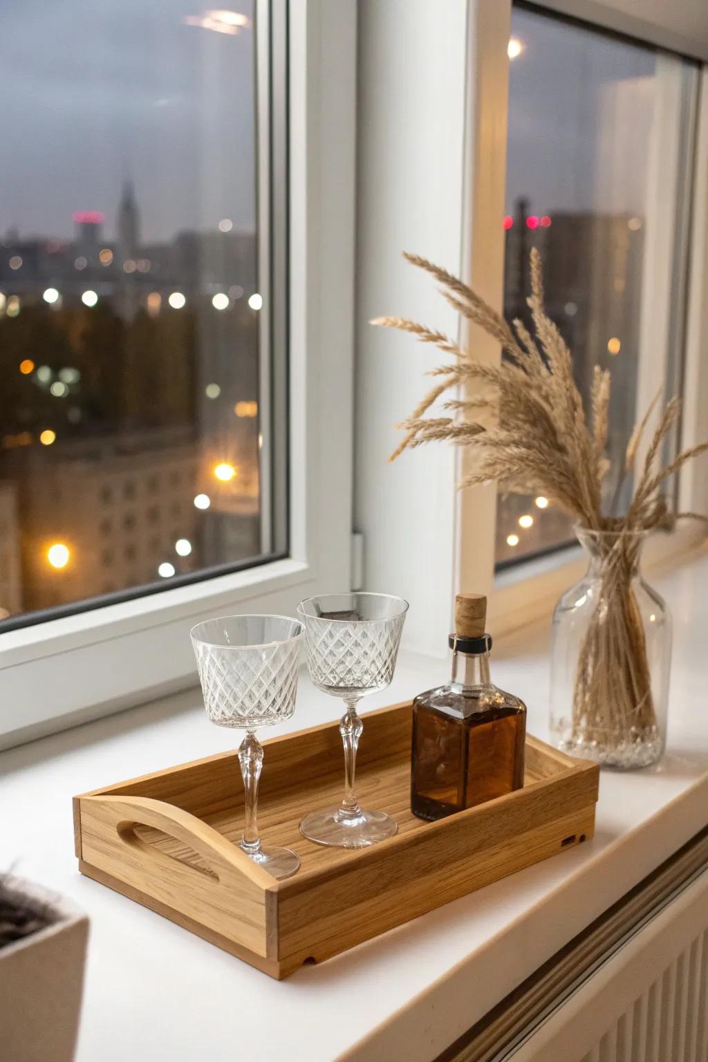 A window-ledge bar tray that turns night views into your tiniest, dreamiest lounge.