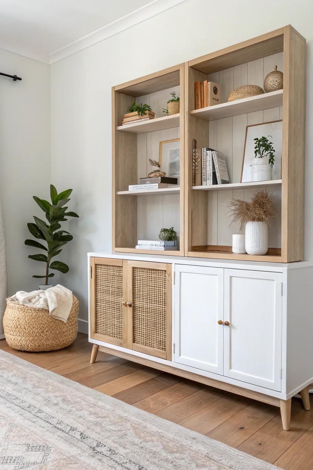 Fake built-ins: two matching bookcases + a centered console for instant custom luxury.