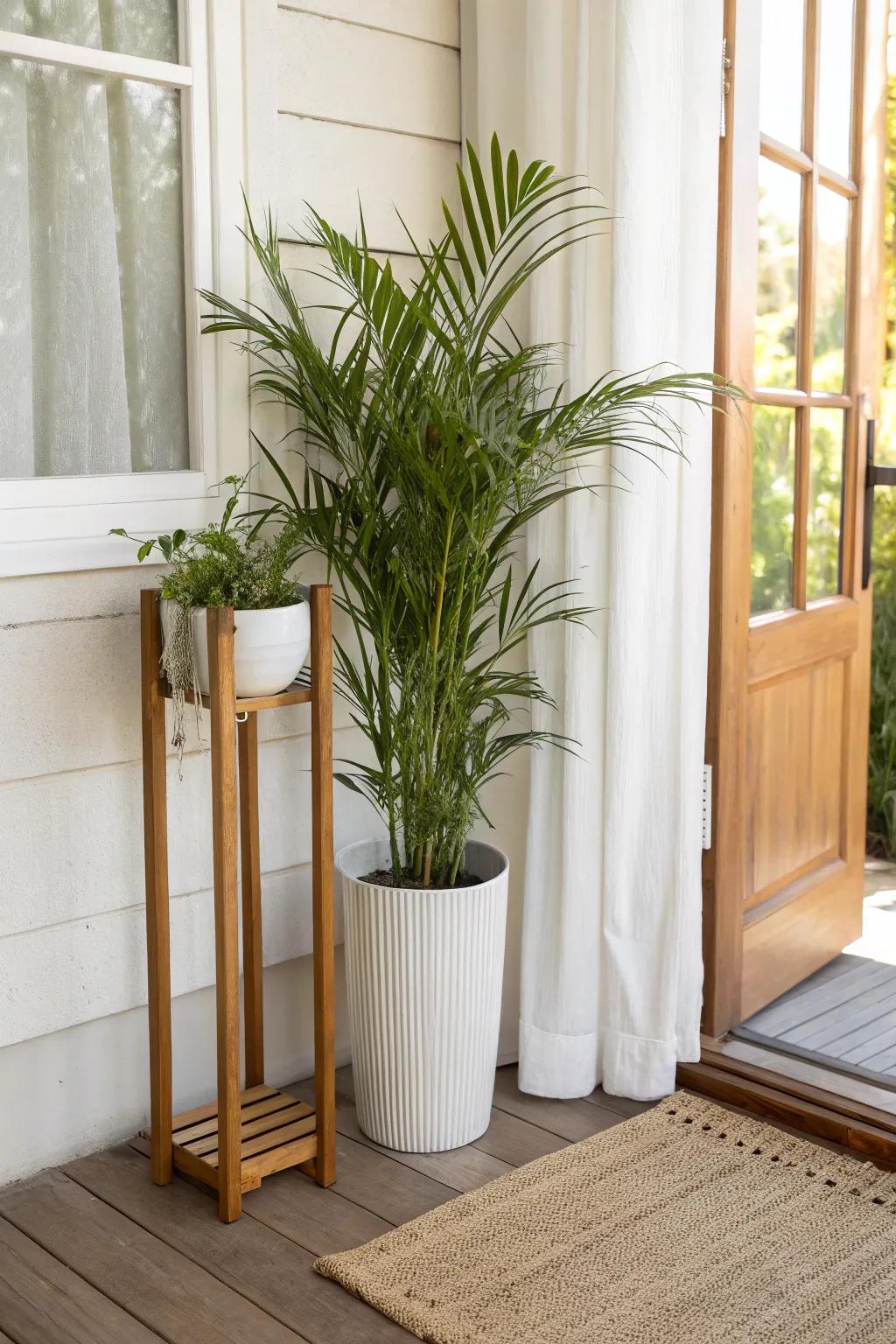 A tall green plant screen instantly adds privacy and calm to a small apartment porch.