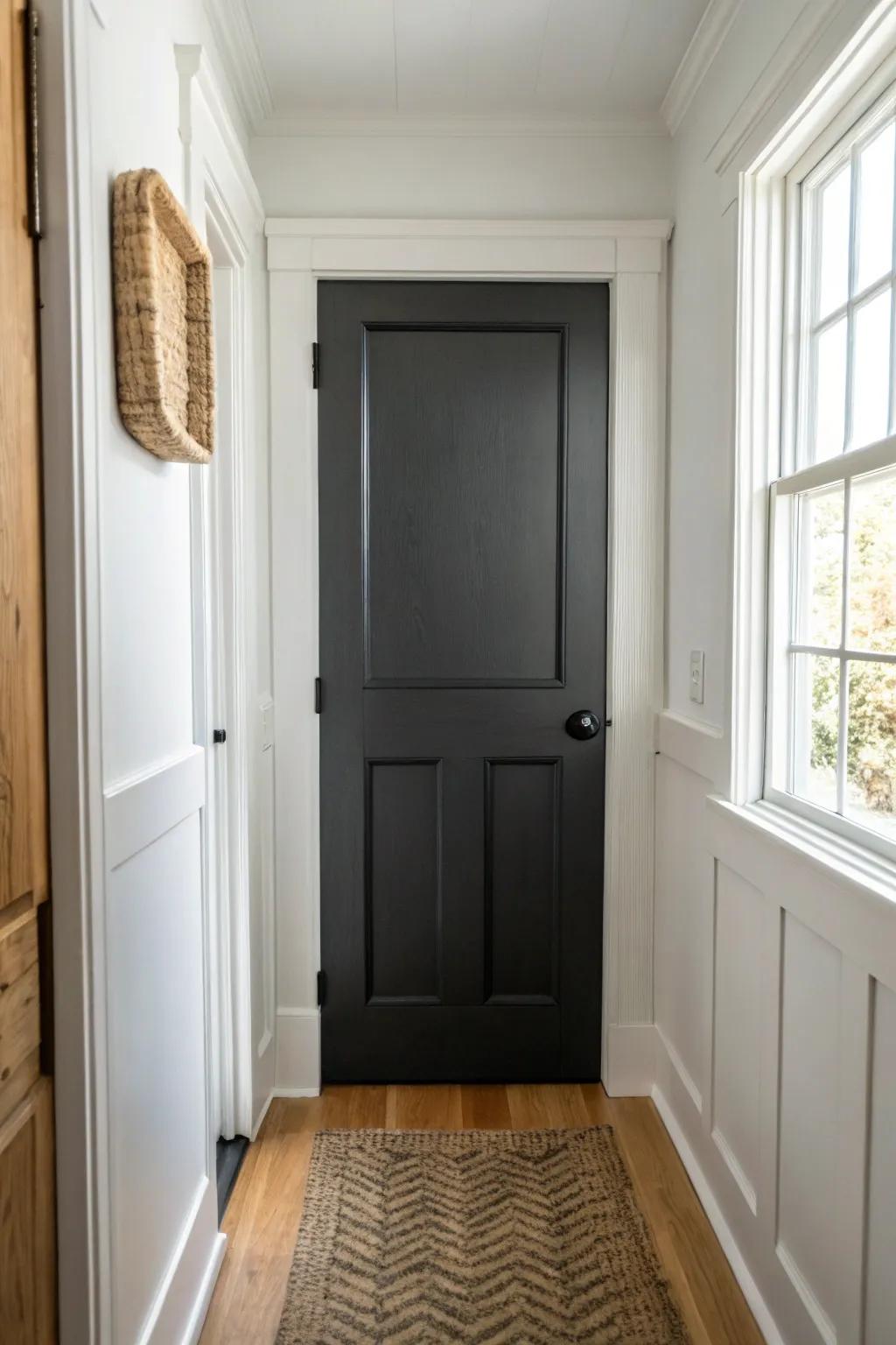 A high-contrast charcoal door turns a small hallway into a chic, scuff-hiding moment.