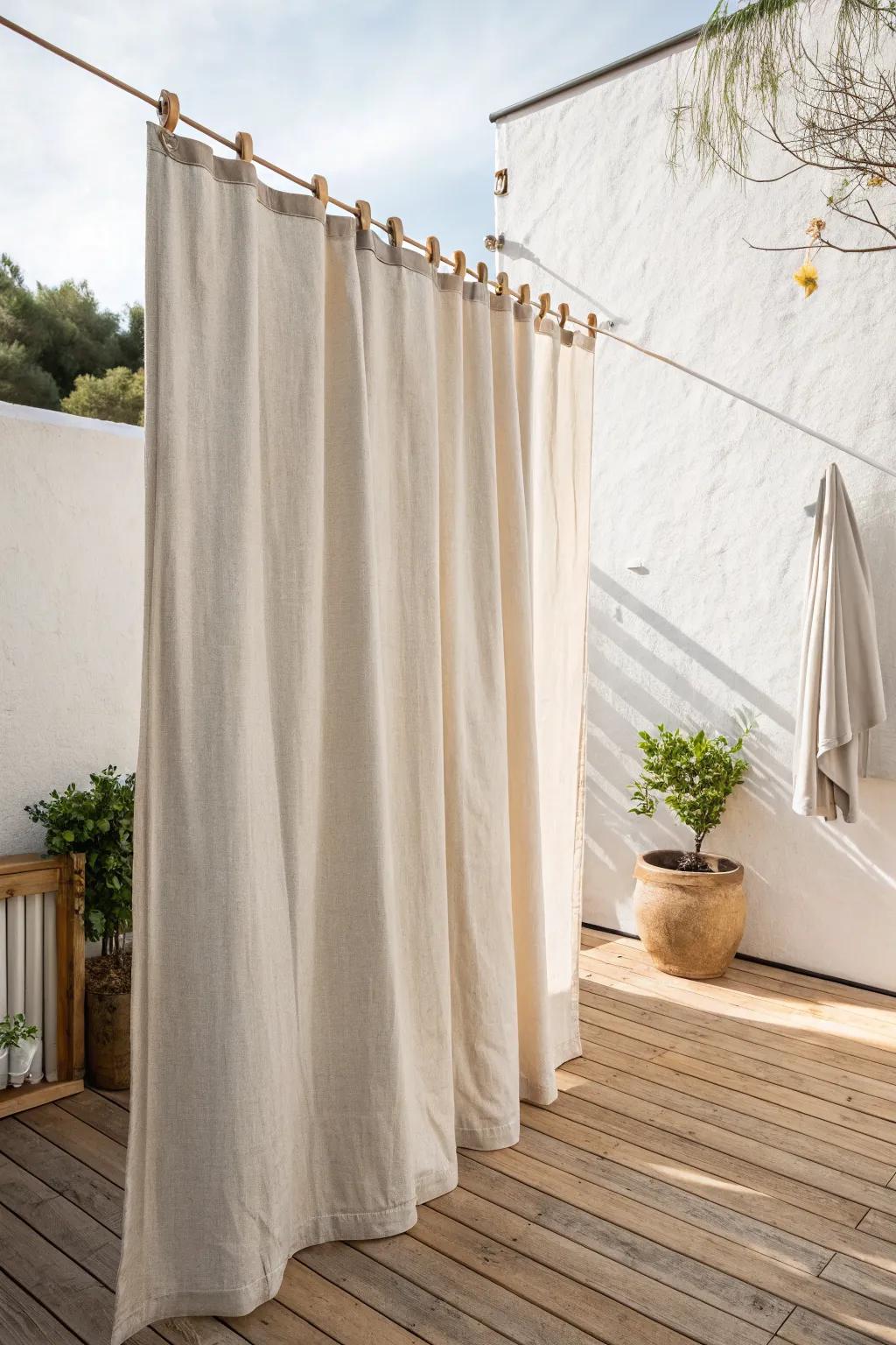 Budget patio privacy: a neutral shower curtain wall for a breezy, cabana-style nook.