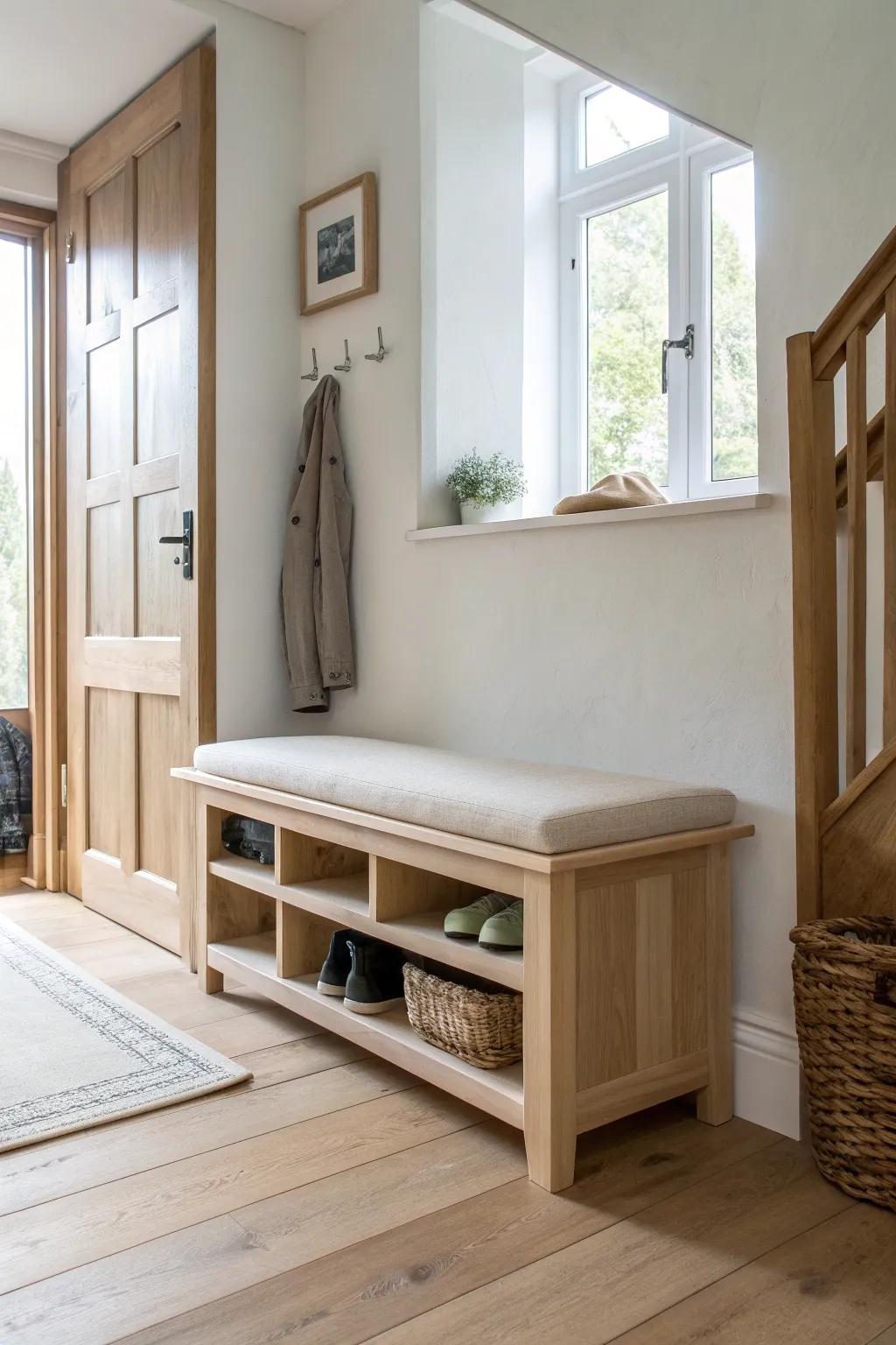 A built-in entry bench with hidden shoe cubbies—goodbye pile-by-the-door chaos.