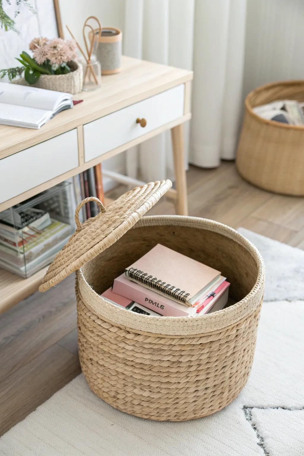 Tuck a lidded basket under your desk to hide supplies and keep a calm, airy art nook.