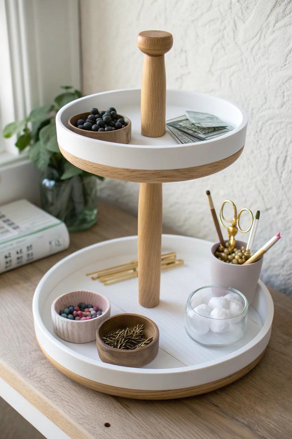 Spin-sorted beads, clips & mini paints—this tiered tray keeps tiny art supplies beautifully tidy.