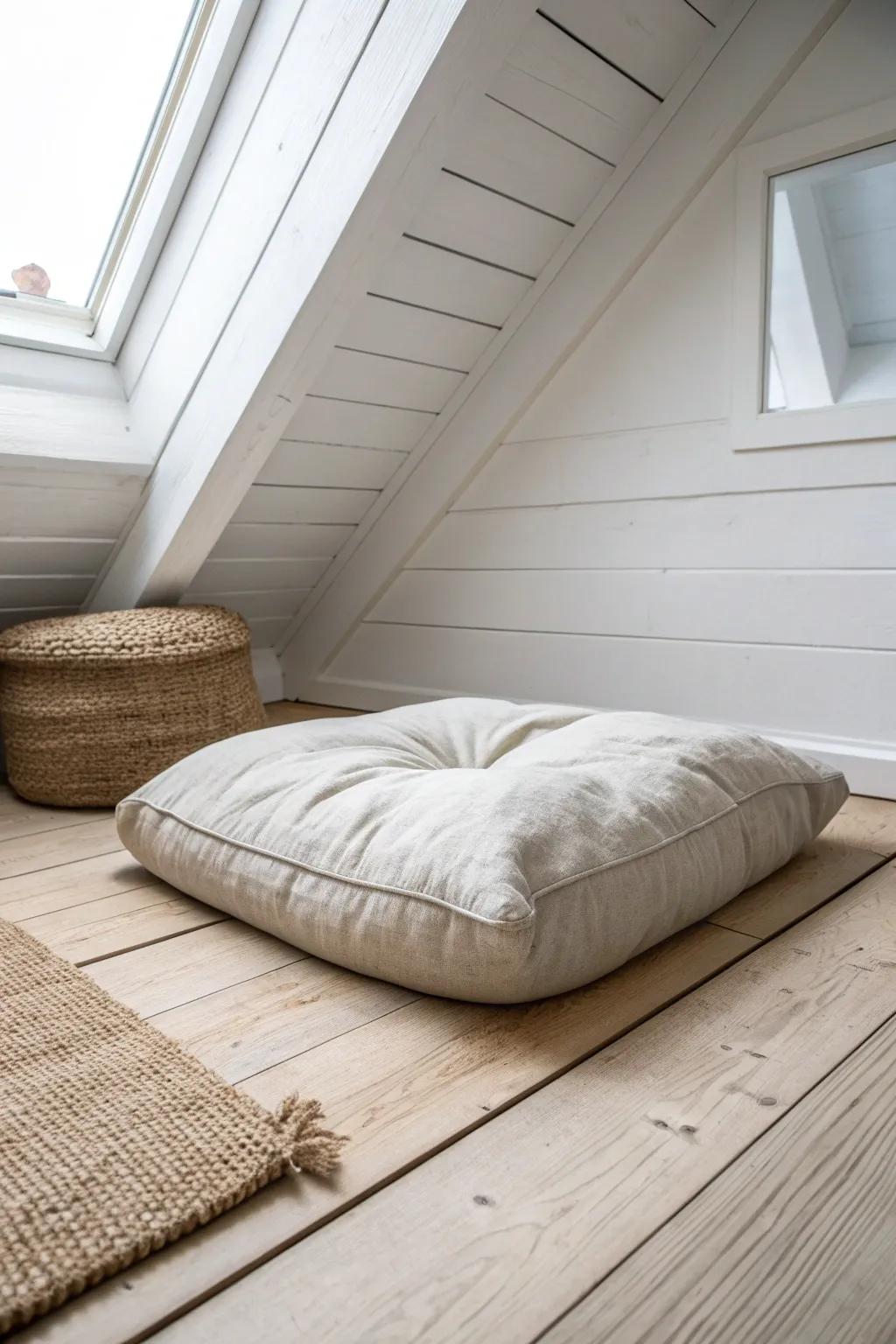 Painted attic wood + one linen floor cushion turns a crawl space into a bright micro‑room