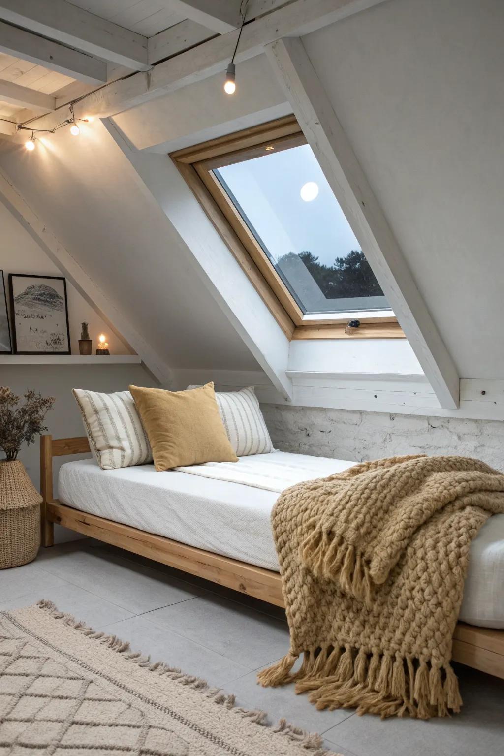 A minimalist daybed under the skylight—your cozy attic corner for nightly stargazing.