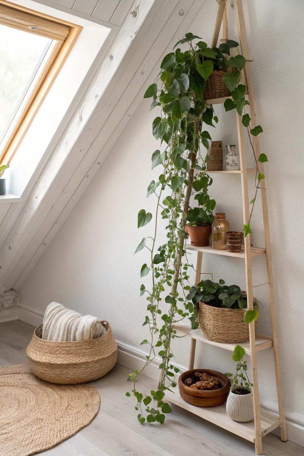 A tiny attic garden nook: one sloped-wall shelf, soft daylight, and a dreamy trailing plant.