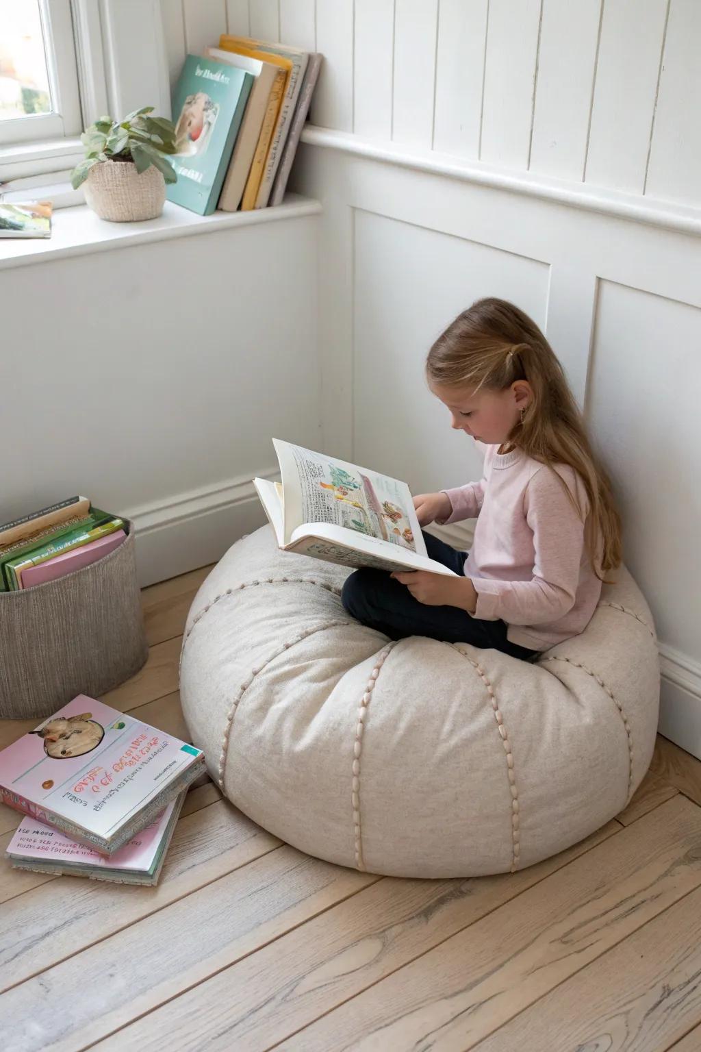 Turn an awkward corner into a calm kids’ reading spot with a washable cushion and book ledge.