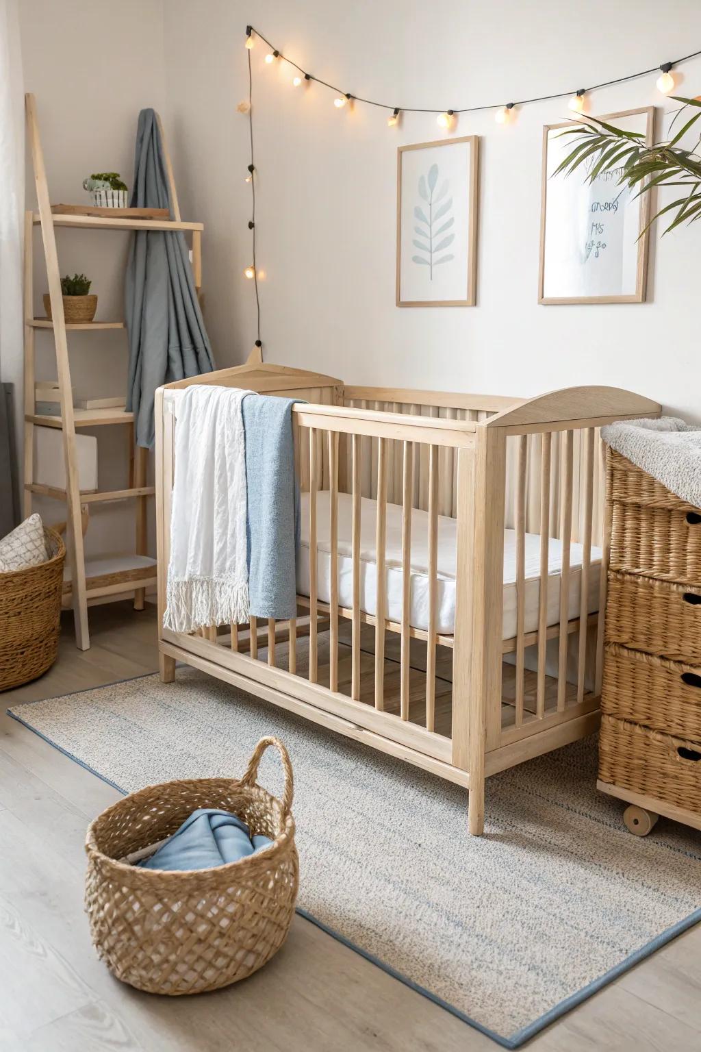 Hide extra sheets and diapers in a woven basket under the crib for instant calm.