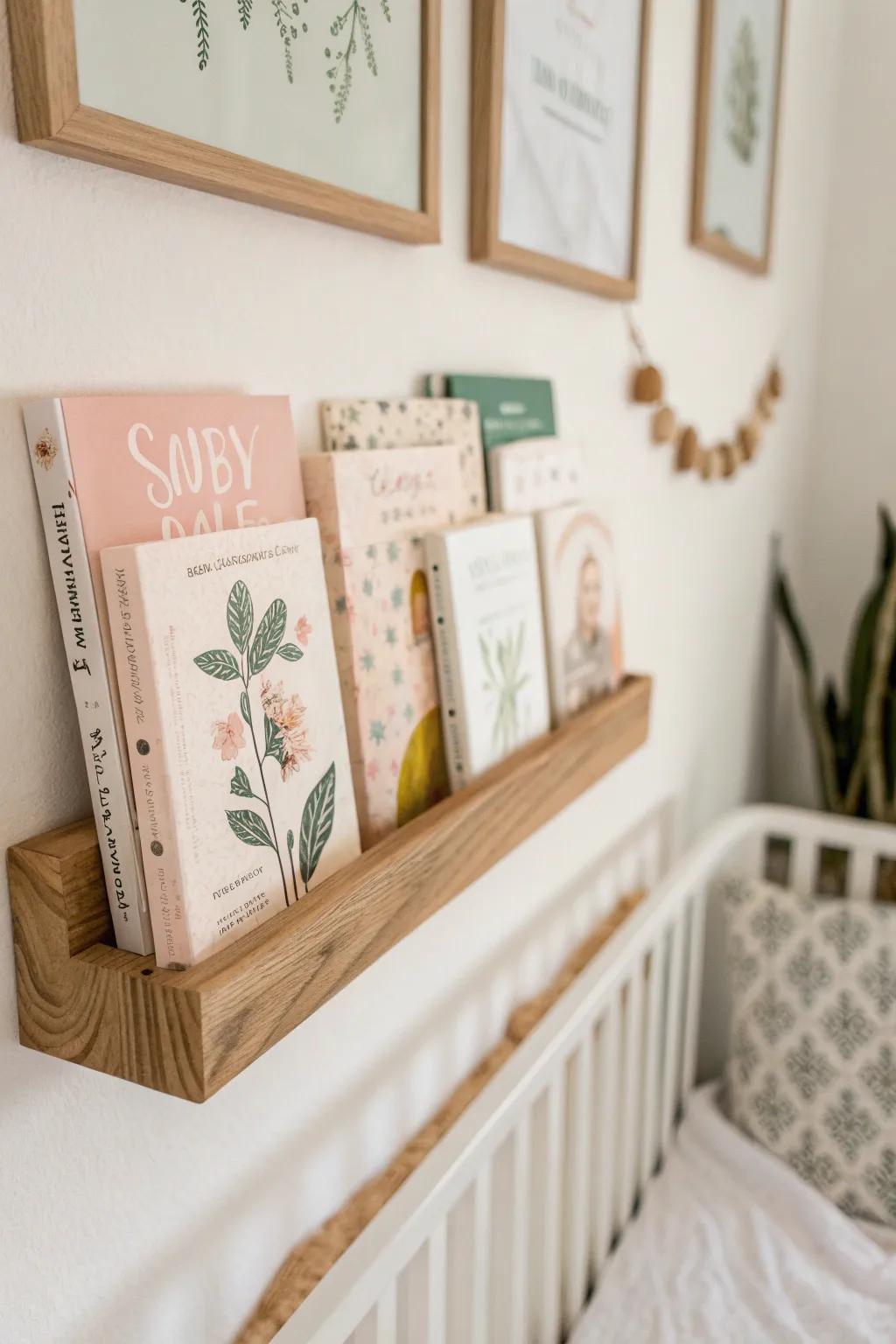 A slim floating book ledge turns a tiny baby girl nursery wall into a sweet mini library.