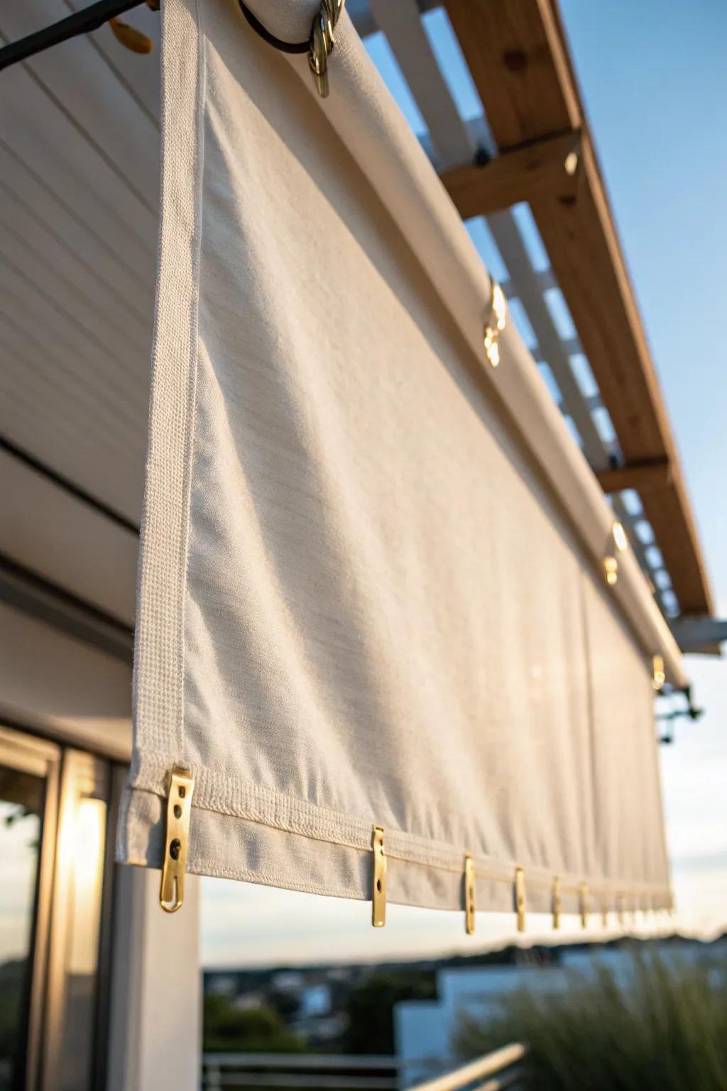 Clip-in linen awning liner turns your balcony shade into a chic movie-night screen.