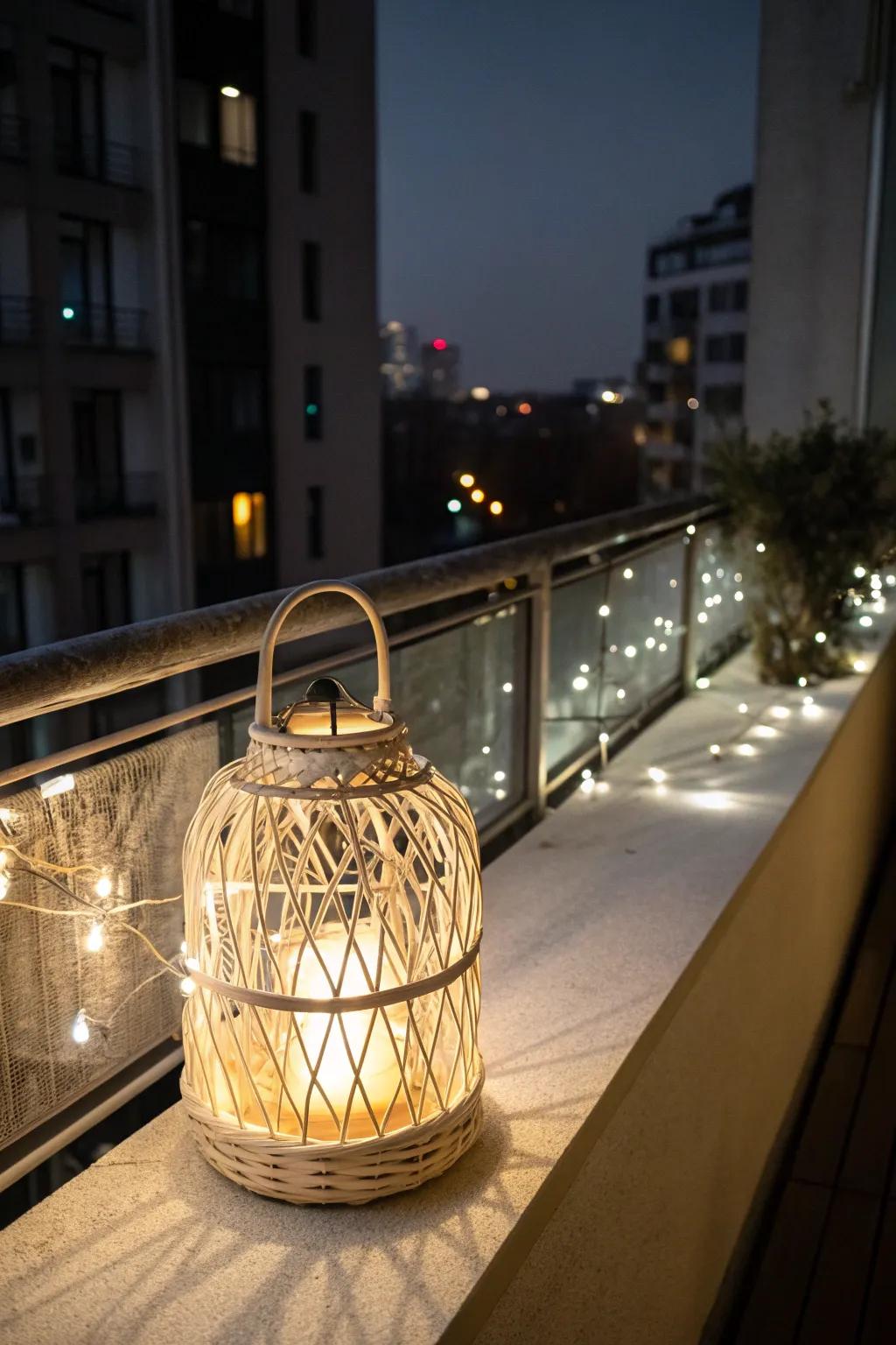 One-hue icy lights in a woven lantern give your tiny balcony a moody, styled photo-set glow.