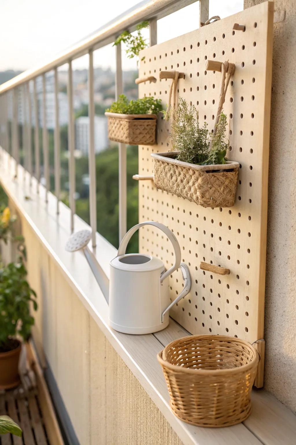 Pegboard fence panel: vertical storage that keeps balcony essentials tidy and beautifully displayed.