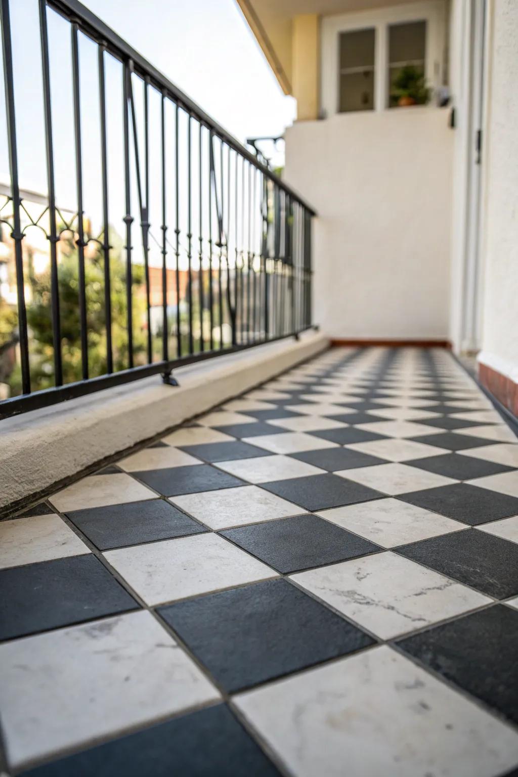 Classic black‑and‑white checkerboard tiles make a tiny balcony feel like a chic café corner.