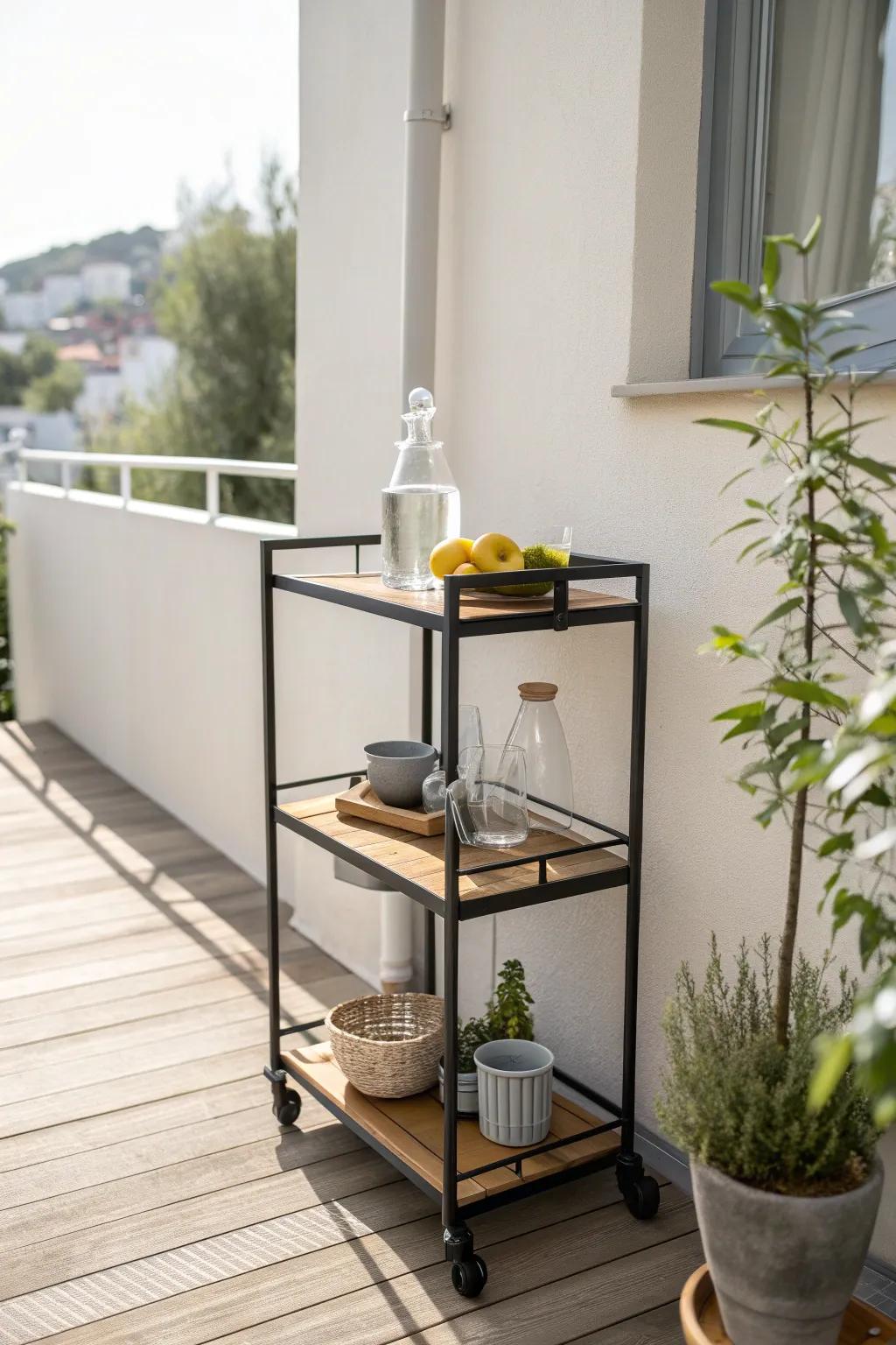 A slim balcony bar cart transforms a tiny outdoor space into an effortless entertaining zone.