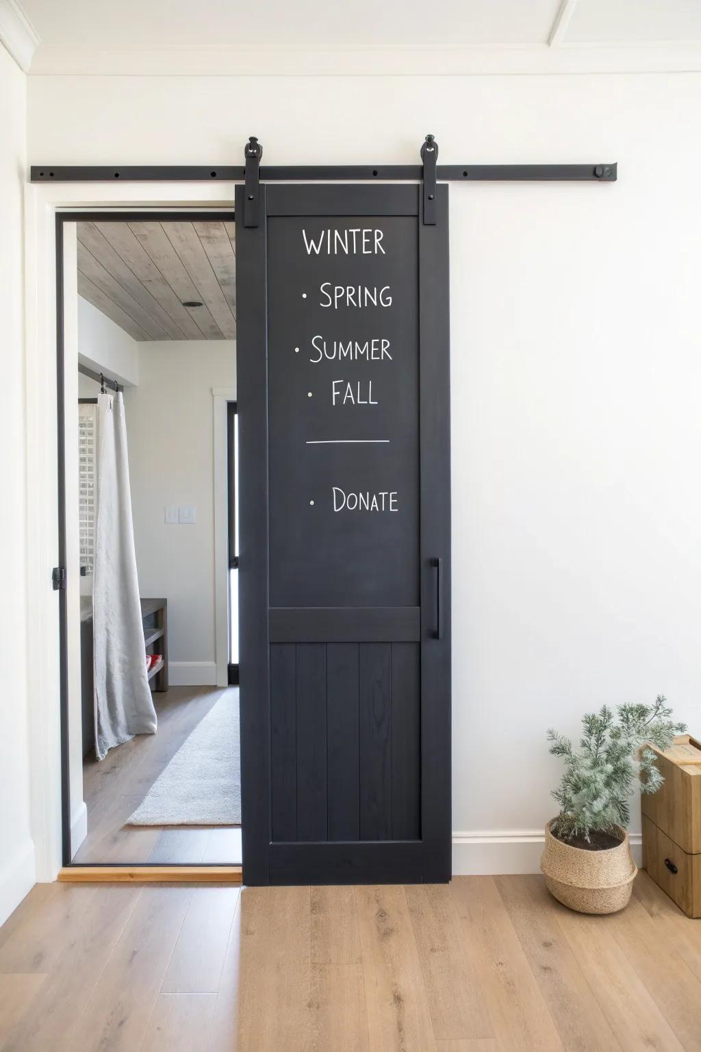 Chalkboard barn door labels seasonal zones and donation piles—cute, clean, and clutter-free.