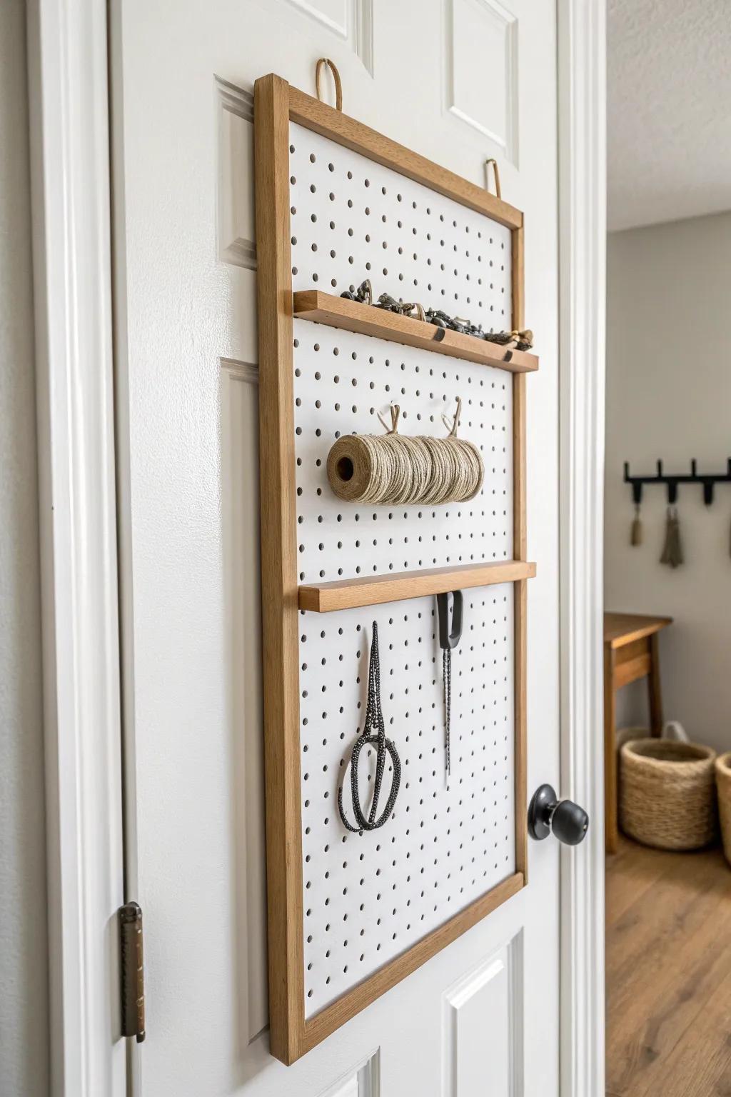 Mount a pegboard behind the closet door to keep basement tools and craft gear visible and tidy.