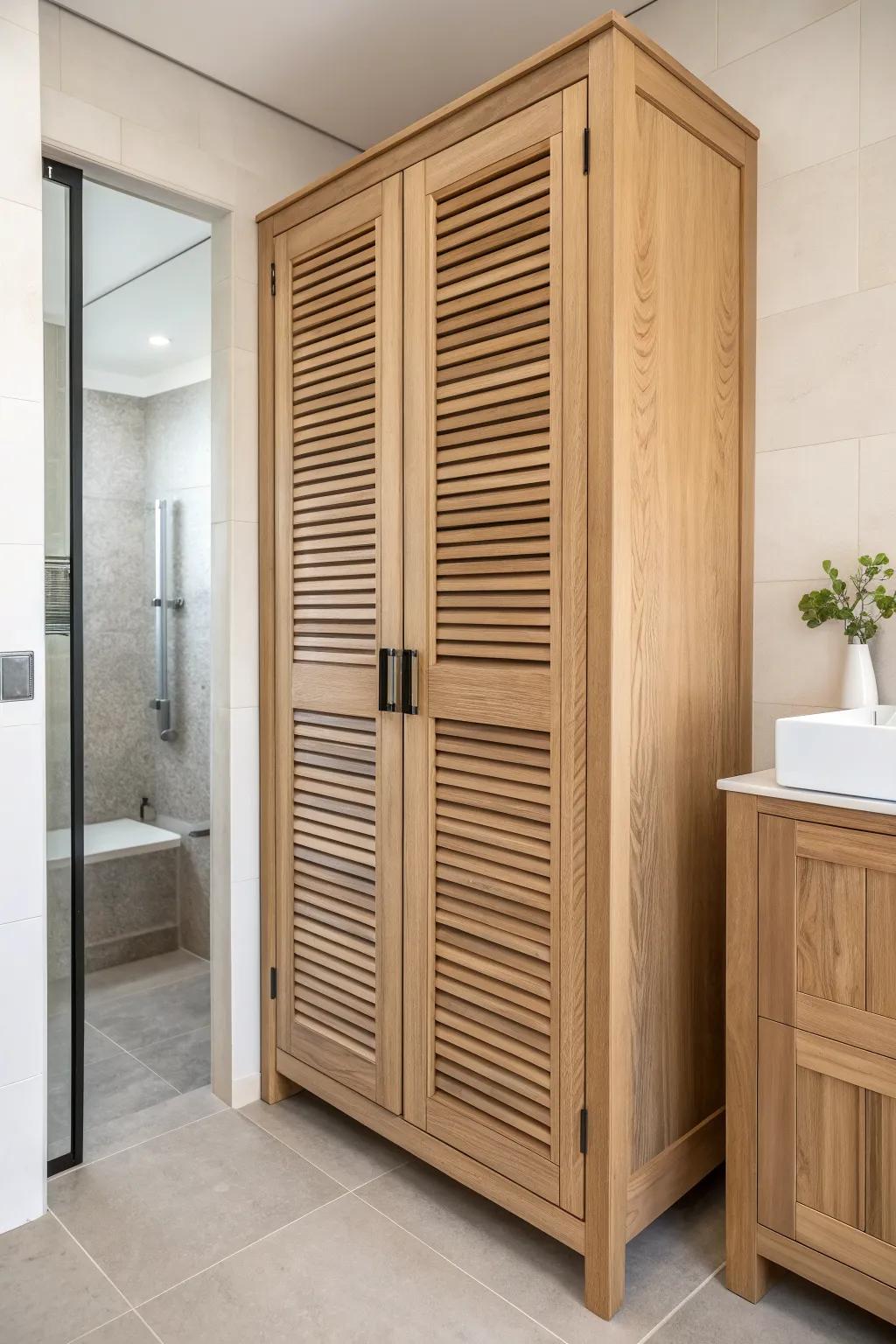 A ventilated buffer cabinet keeps closet clothes dry—minimal oak, big steam-control impact.