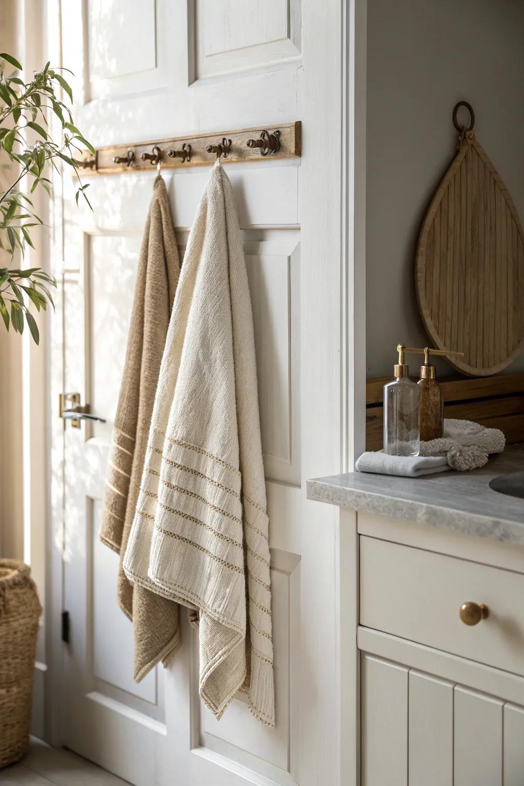 Back-of-door towel storage keeps tiny apartment bathrooms open, calm, and clutter-free.