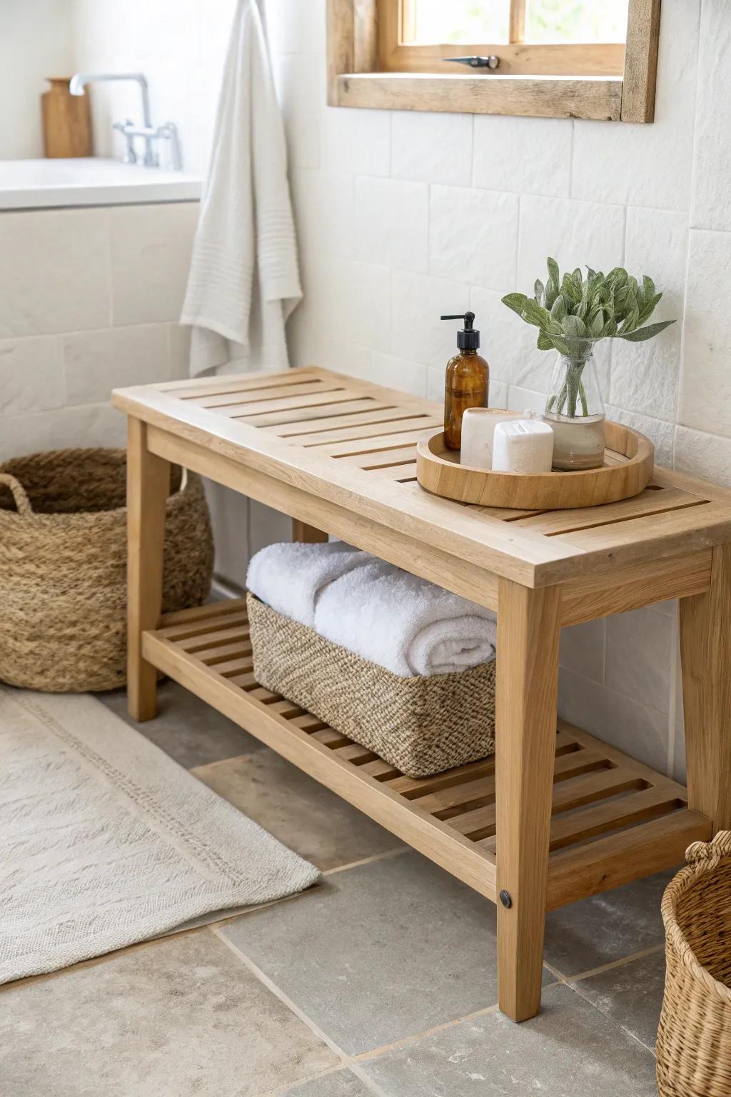 A sleek oak bathroom bench with a hidden rattan hamper—laundry disappears, style stays.