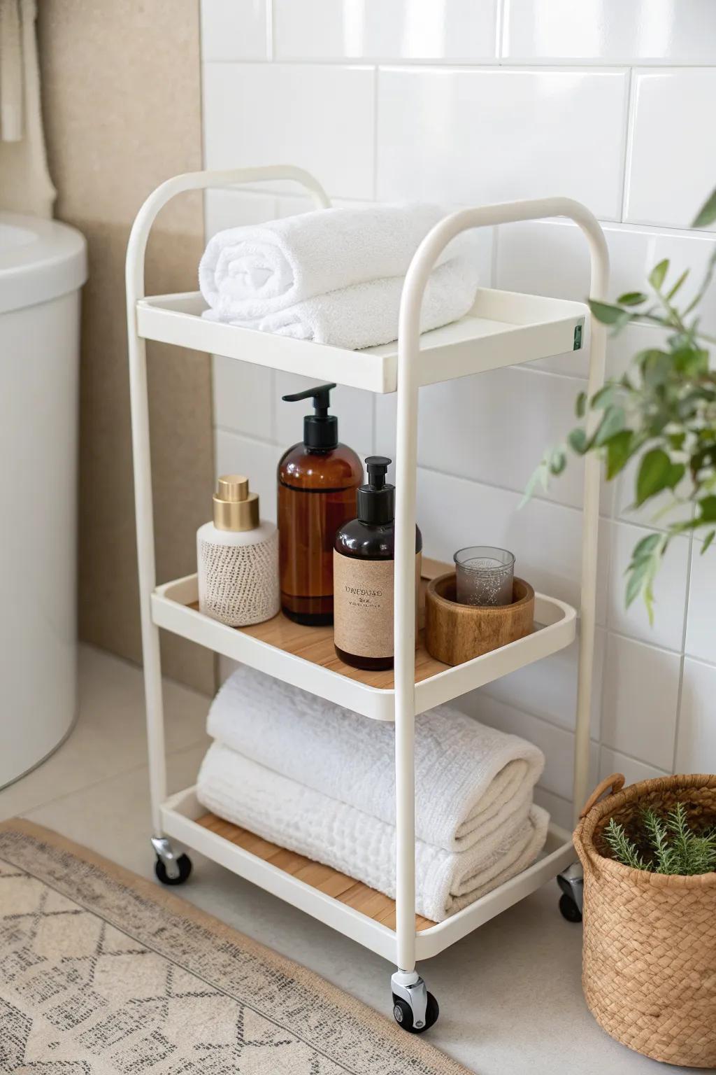 Top shelf styled like a mini spa; lower shelves hide bins for a clean, airy bathroom.