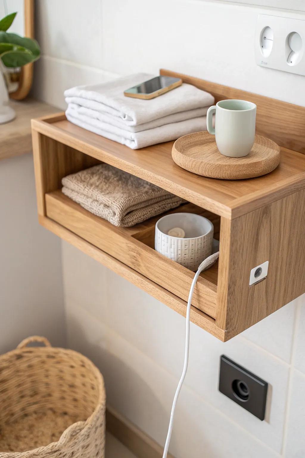 A hidden-charging shelf with a cord pass-through keeps hair tools off the counter and out of sight.