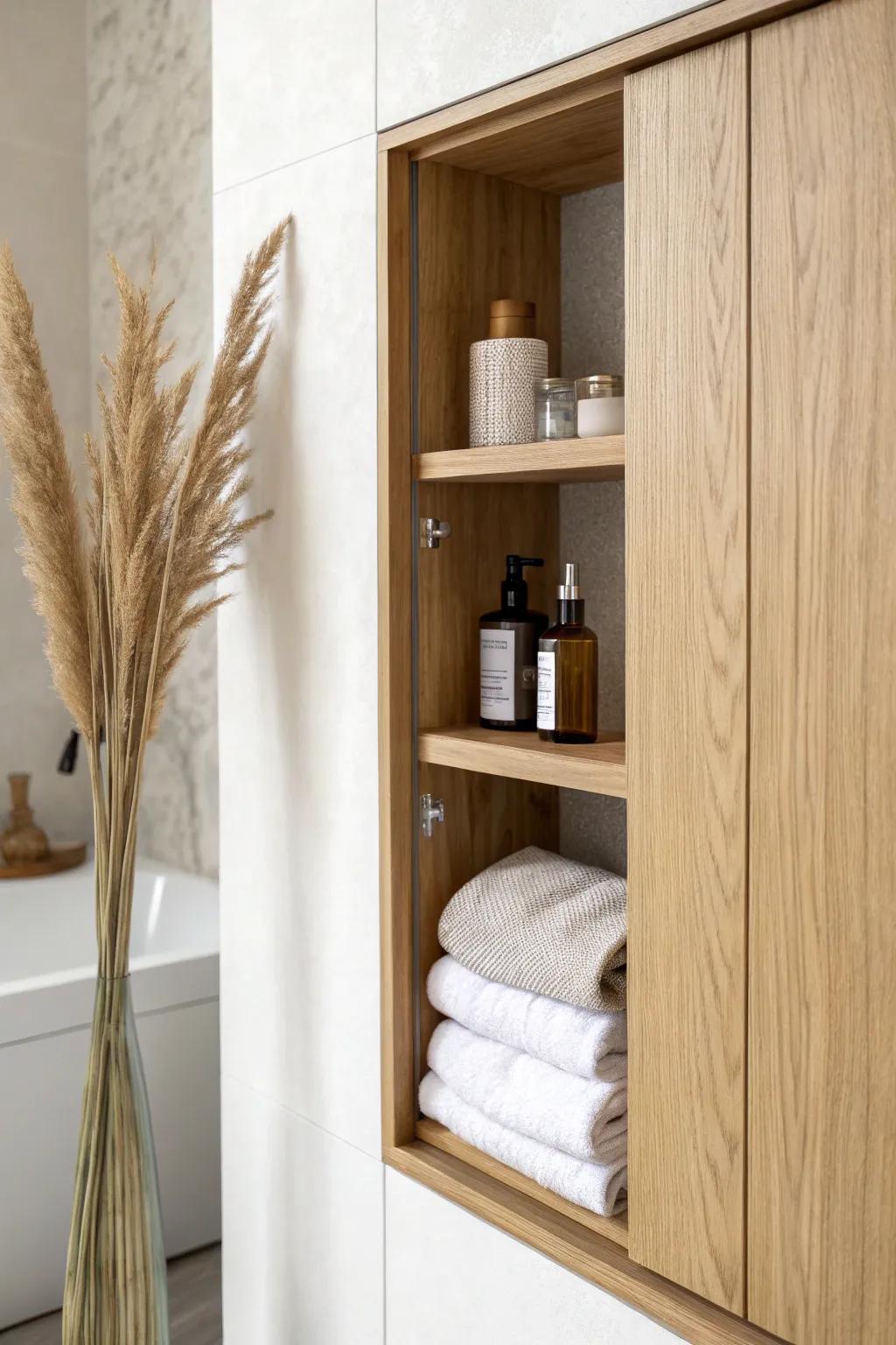 A seamless slide-panel nook—hidden storage that keeps essentials close, yet beautifully out of sight.