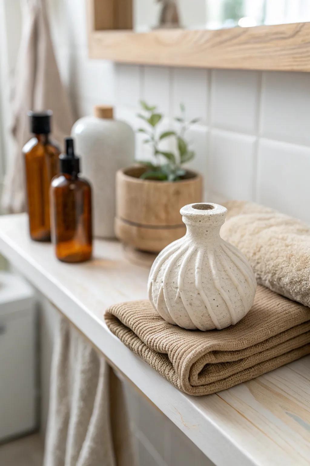 A tiny ceramic sculpture turns a simple bathroom shelf into an effortlessly styled moment.