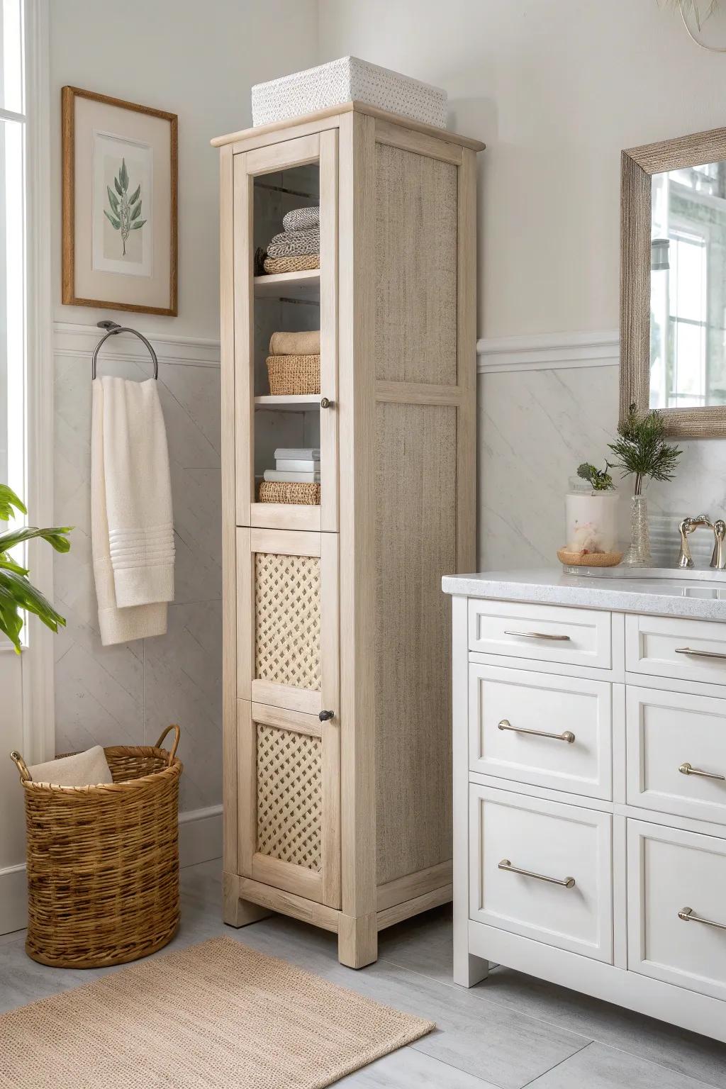 A sleek vanity tower with a secret tilt-out laundry drop—perfect for tiny bathrooms.