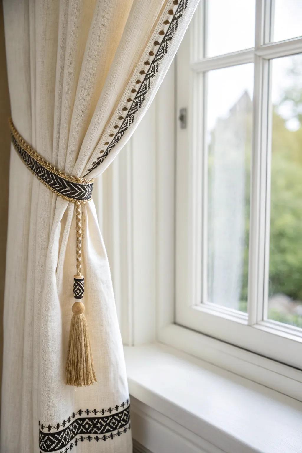 Decorative trim on the leading edge makes simple bay window curtains look custom-made.