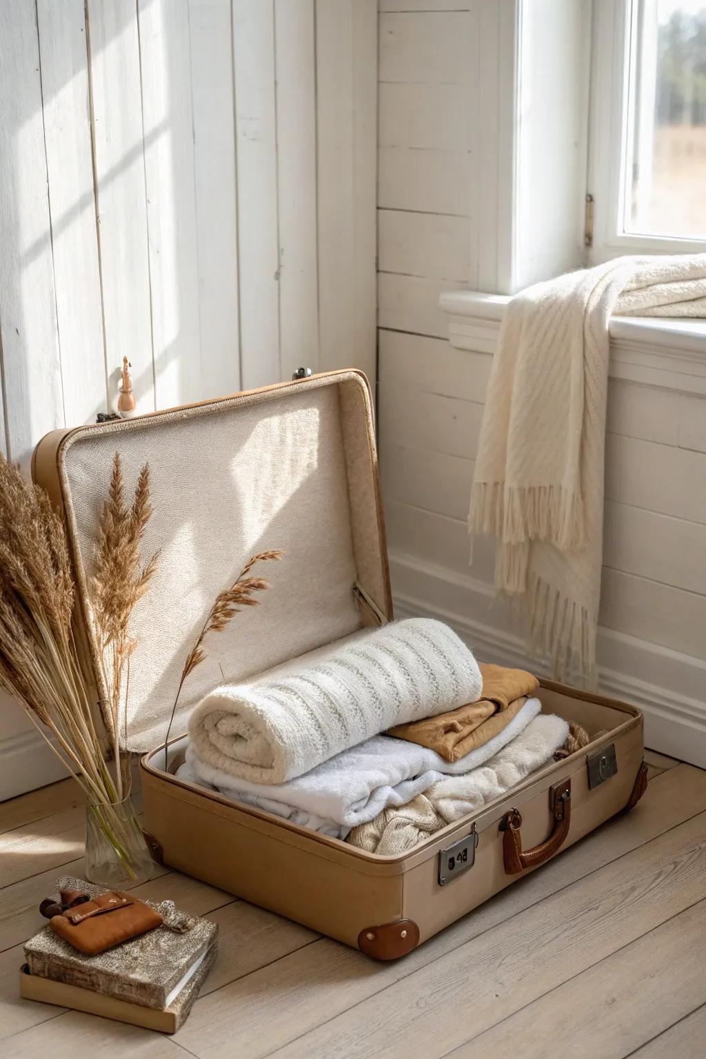 Hide off-season comforters in an empty suitcase for chic, dust-free storage in small spaces.