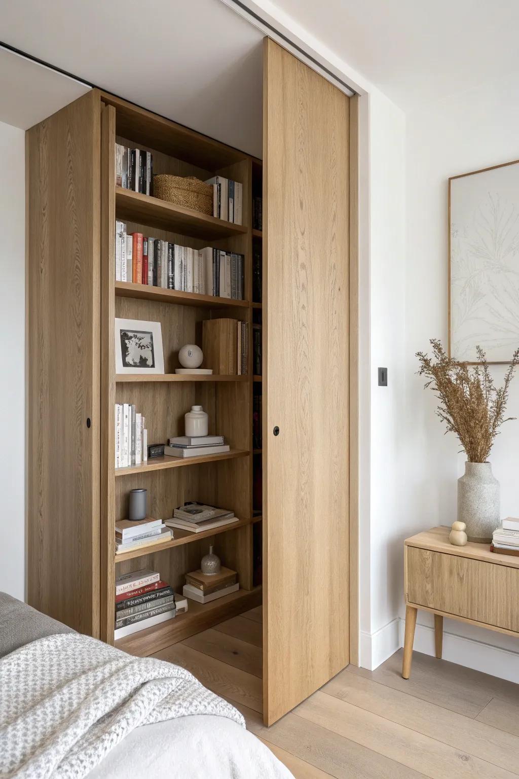 A secret bookshelf inside your closet wall—sleek, shallow storage that feels like a hidden library.