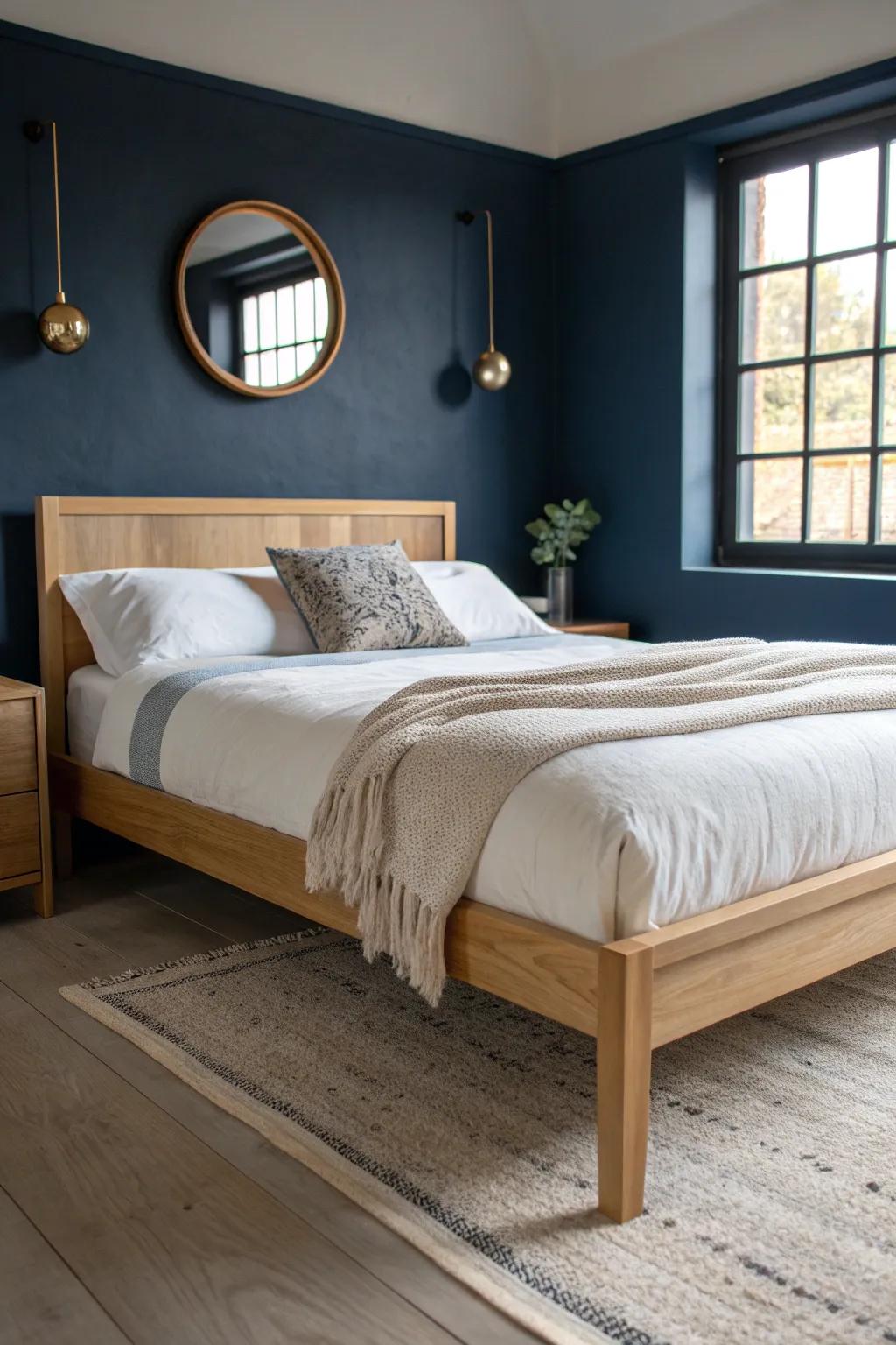 Blue-black accent wall + bright bedding: moody drama that makes a small bedroom feel luxe.
