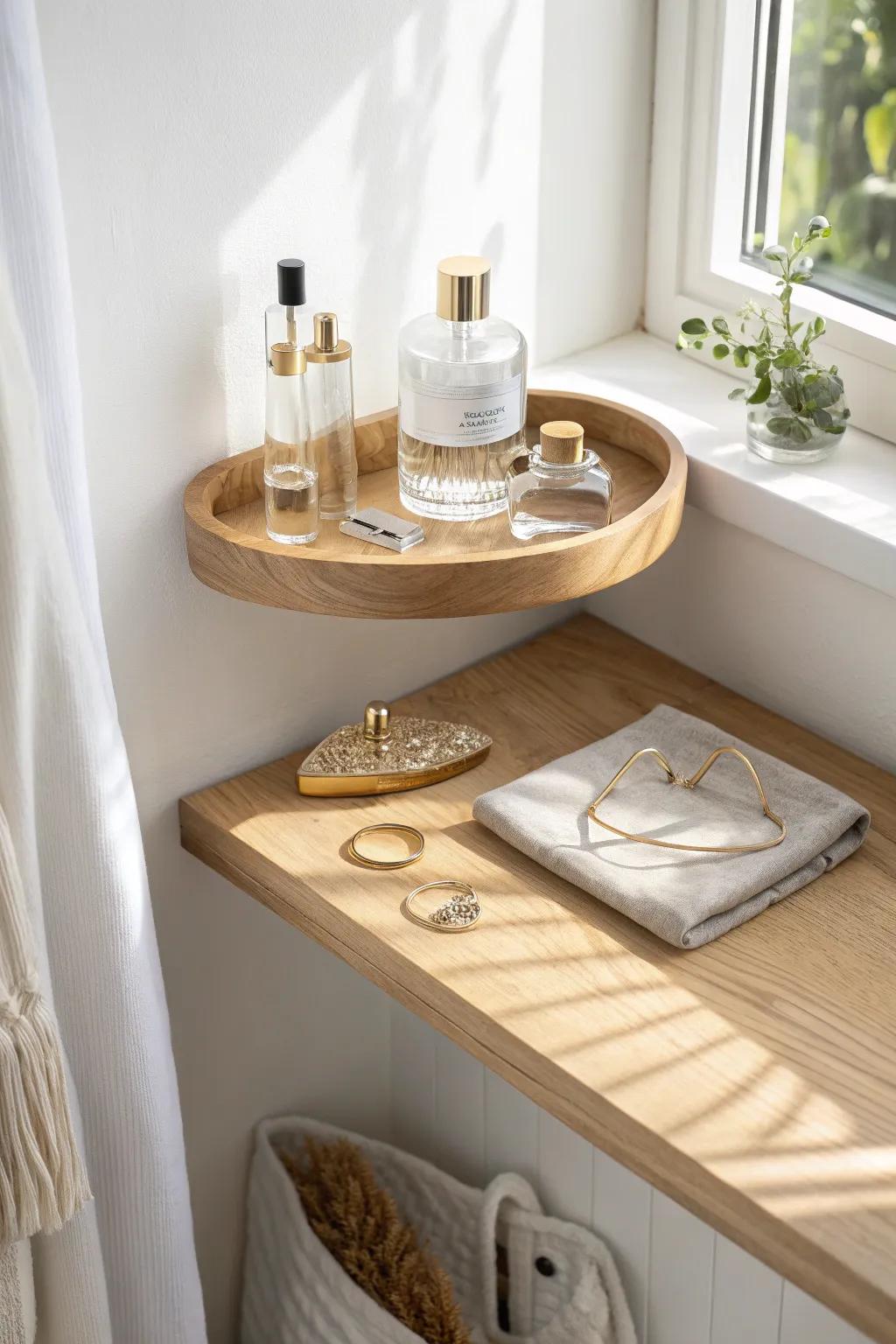 A tiny bedroom “getting-ready” corner shelf—perfume on a tray, jewelry neatly displayed.