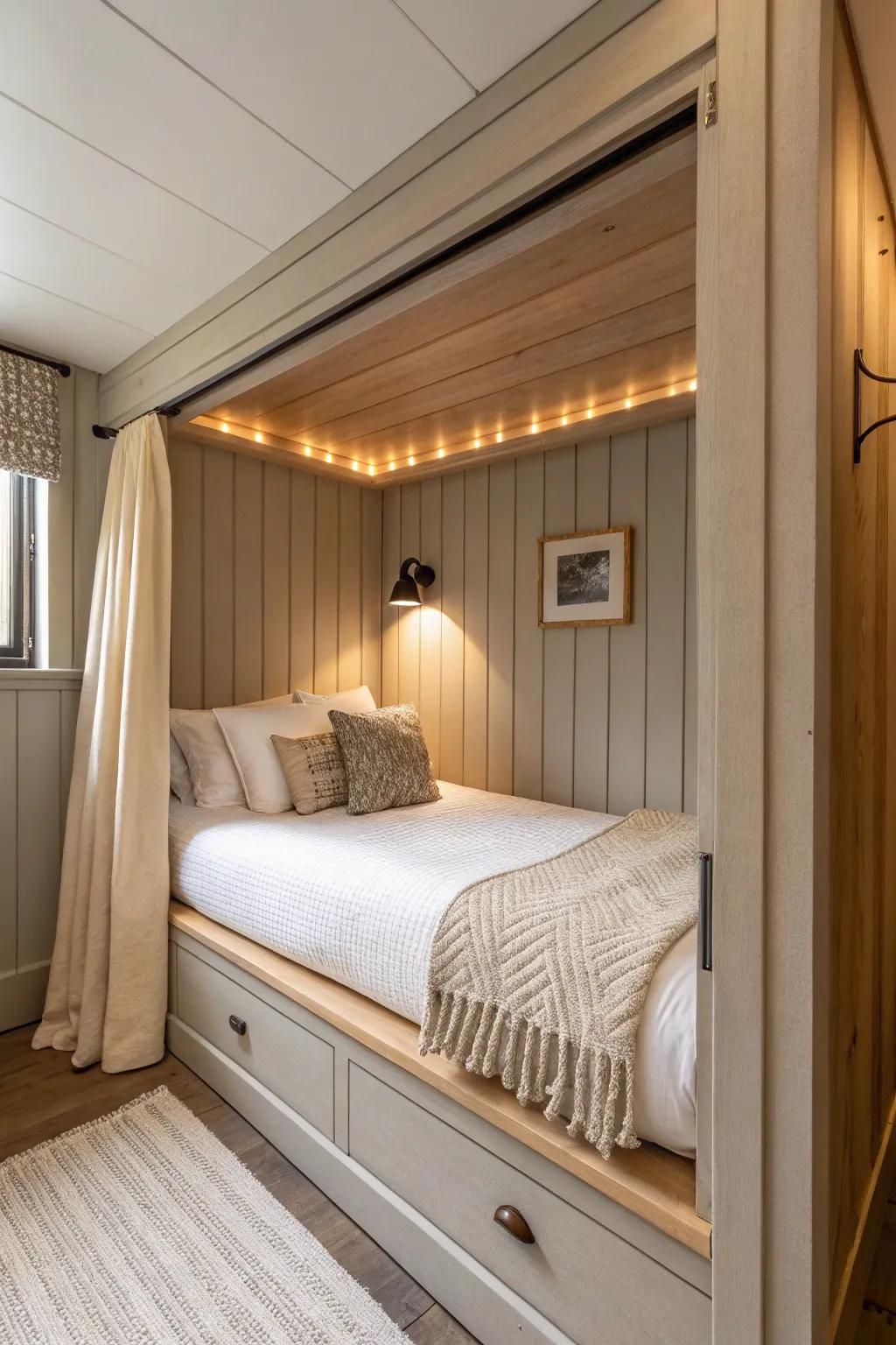 A sound-softened cubby sleep pod with felt panels and a breezy curtain gap for calm rest.