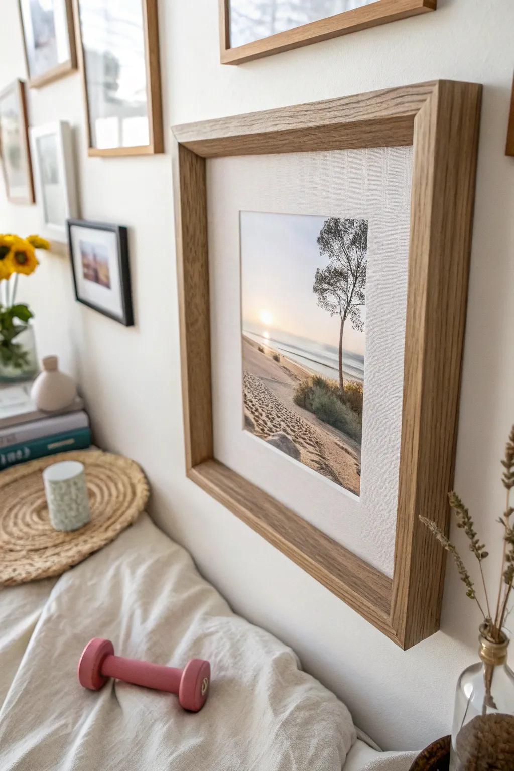 A minimalist “art frame” that quietly hides bands and small weights—bedroom gym magic.