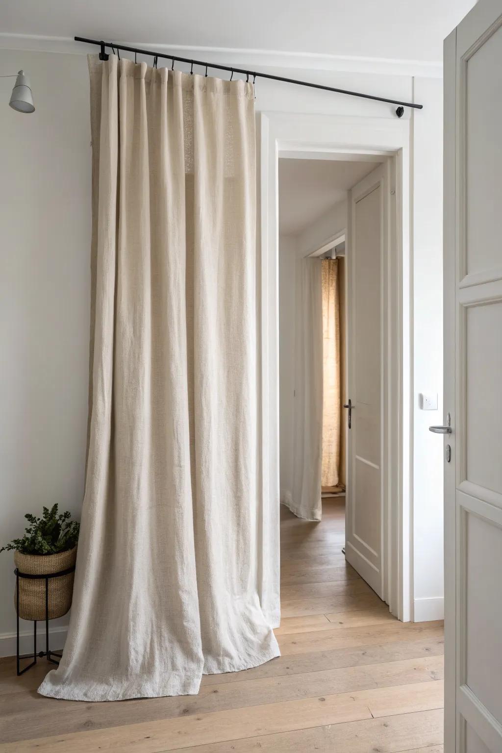 A ceiling-mounted linen curtain softens a bedroom hallway and hides storage—instant hotel calm.