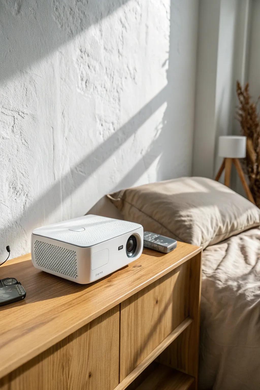 Turn a bedroom ledge into a tiny movie-night shelf with a sleek mini projector.
