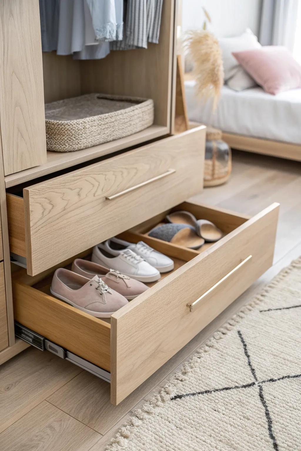 Hidden toe-kick drawer under the wardrobe—sleek shoe storage that saves space in small bedrooms.