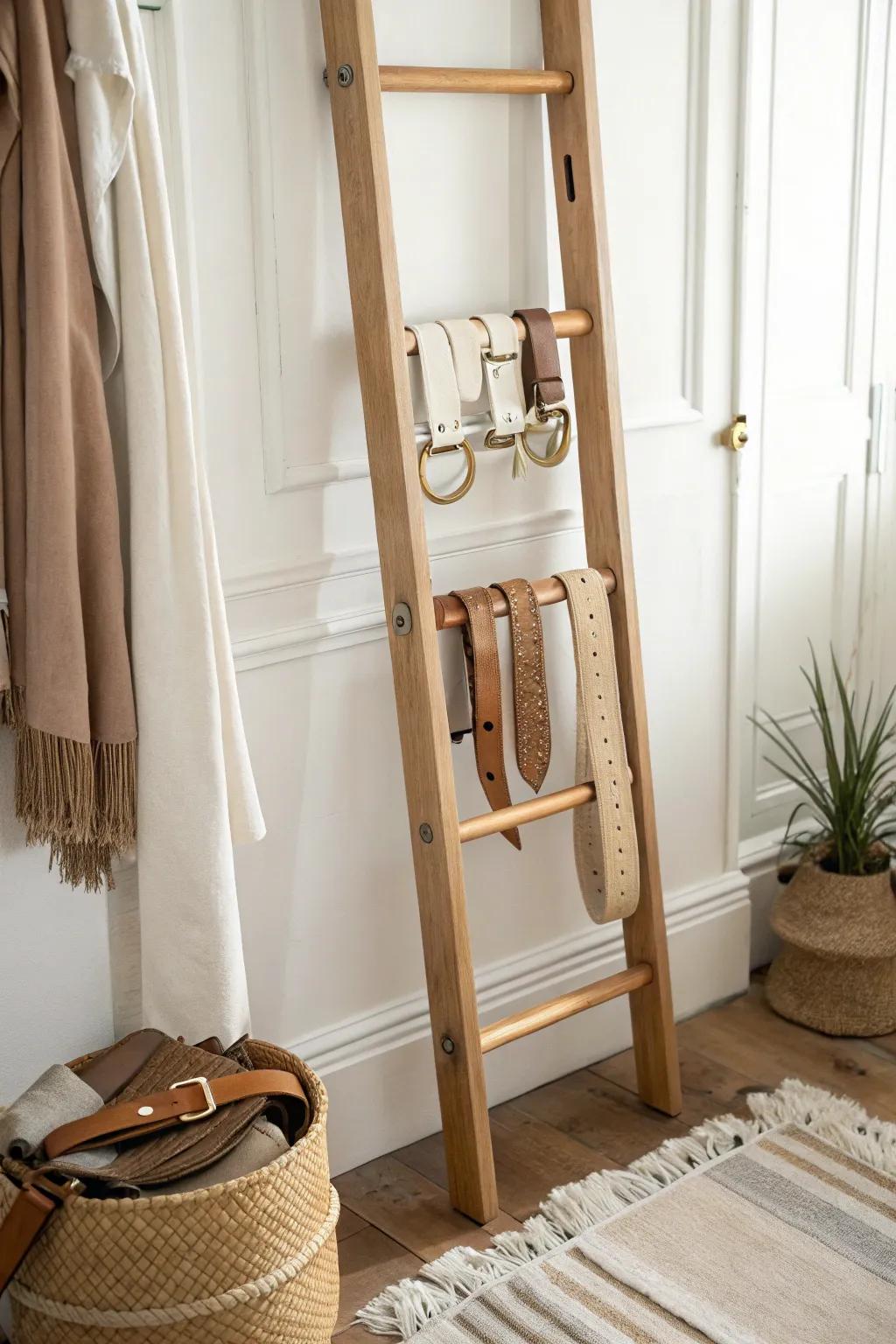 A simple leaning ladder turns belts into decor—creases gone, style up in small spaces.