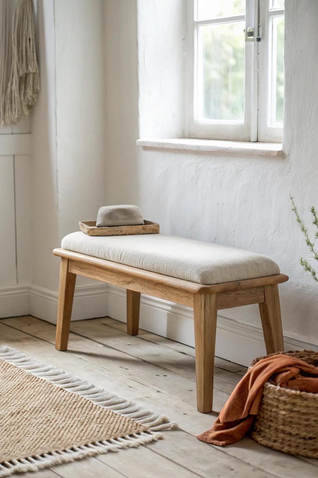 Two small benches beat one bulky piece—split them up for guests or tuck them away.