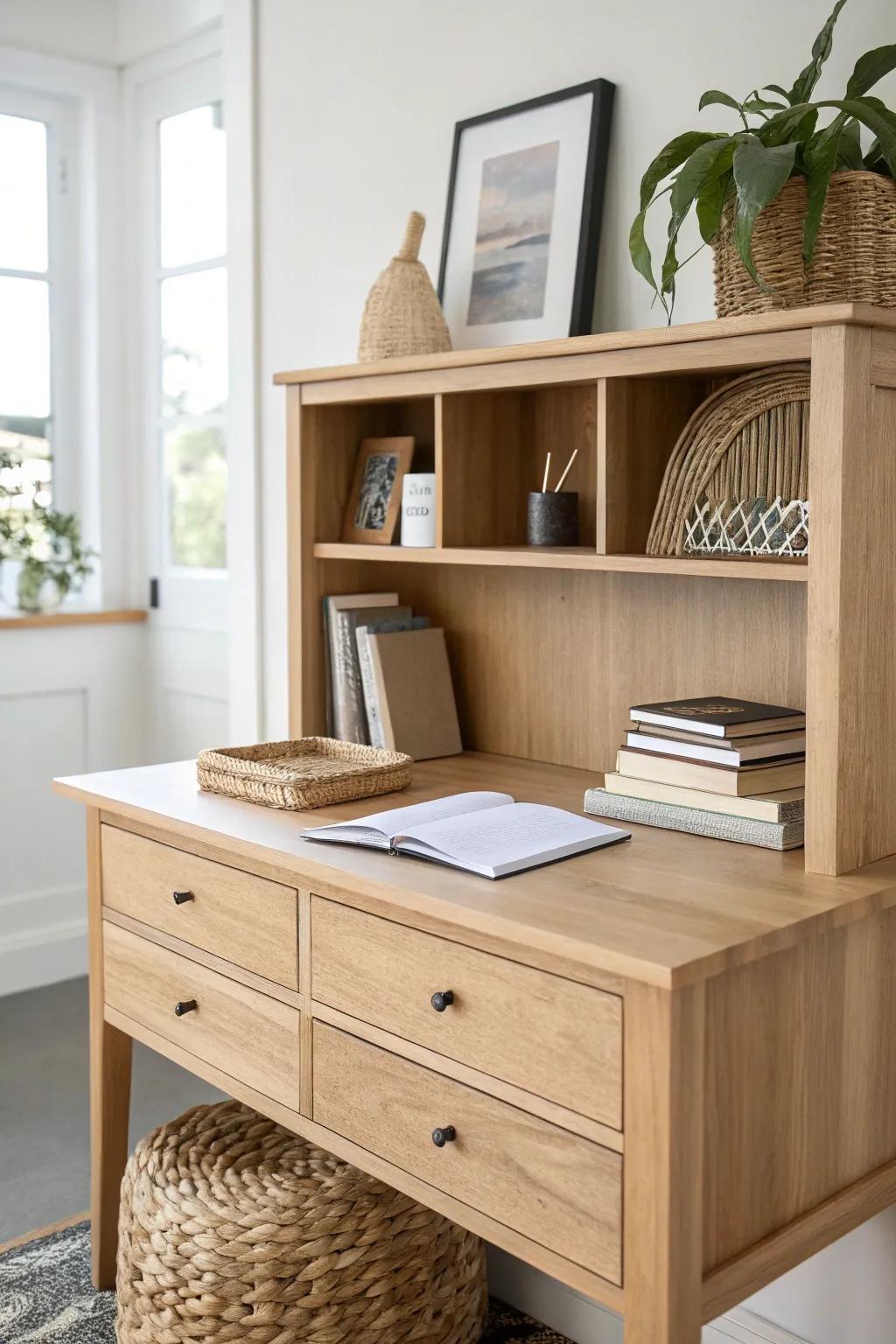 Desk hutch = instant vertical storage—keep textbooks up high and your tiny dorm desk clear.