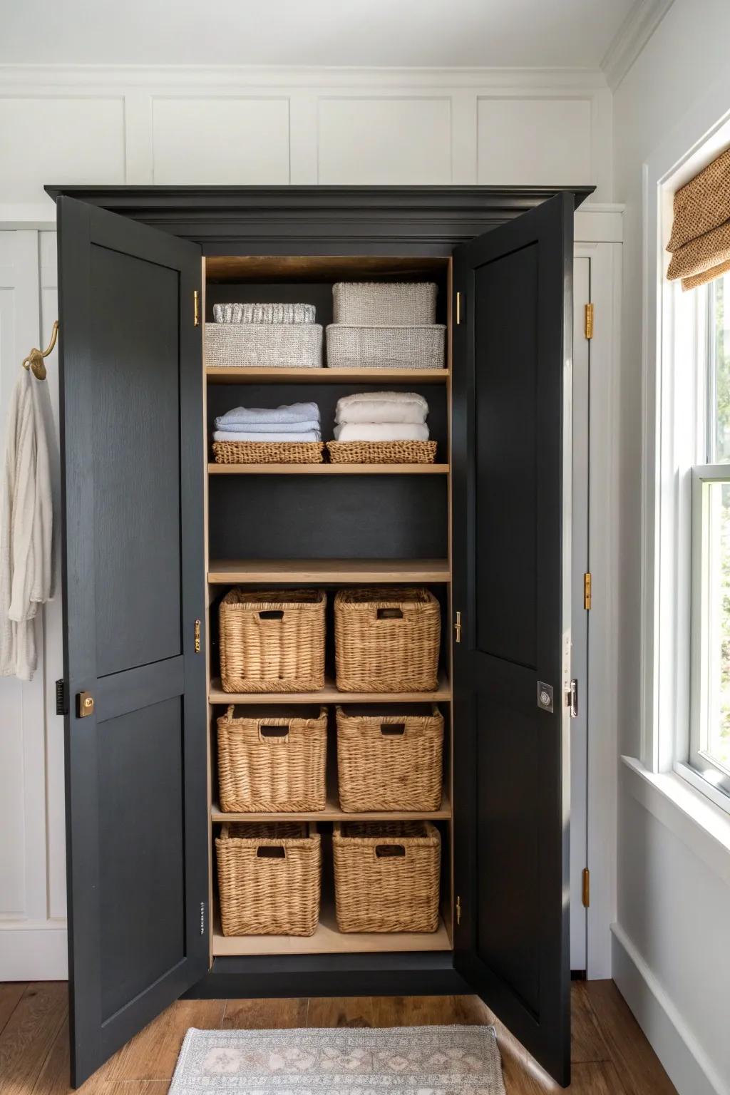 Matte-black closet interiors add depth in small bedrooms—paired with tidy bins for style.