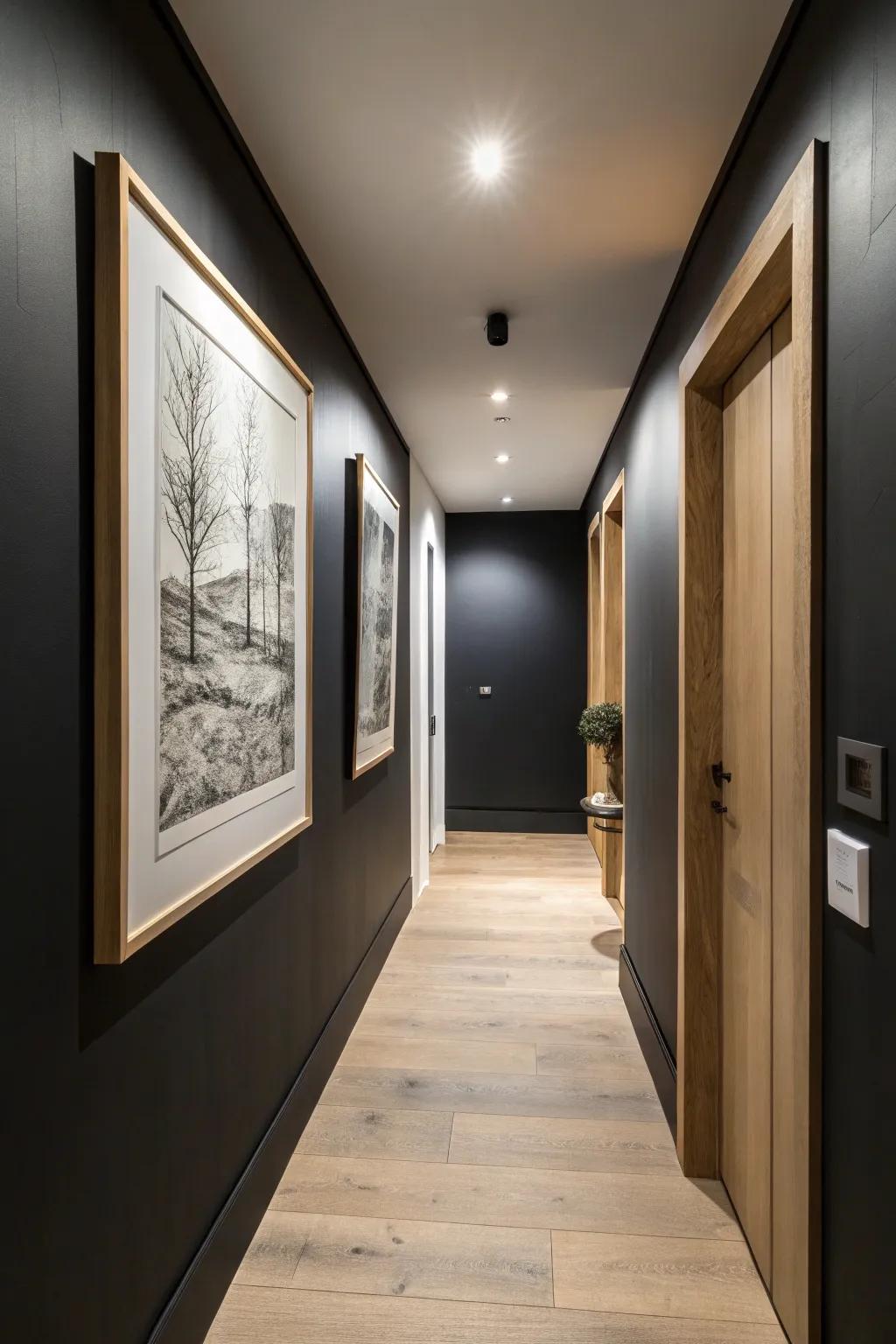 Turn a black hallway into a mini gallery with one bold artwork and a focused spotlight.