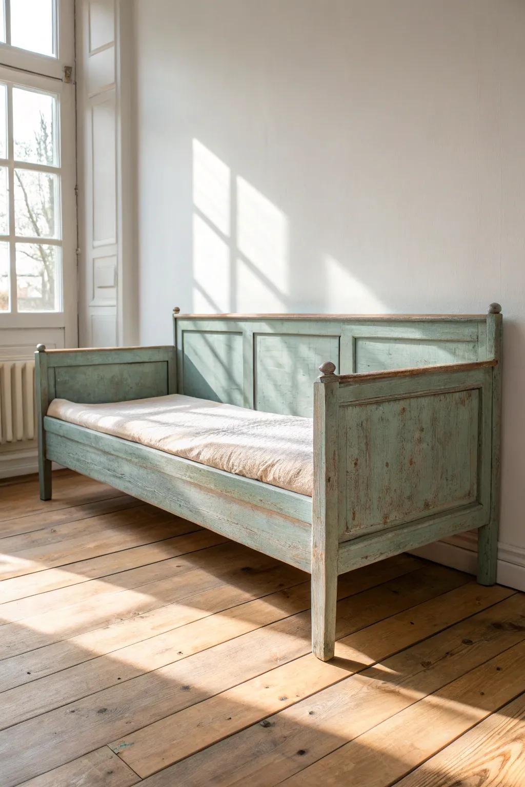 A sun-faded painted daybed frame that brings an effortless boho, flea-market feel.