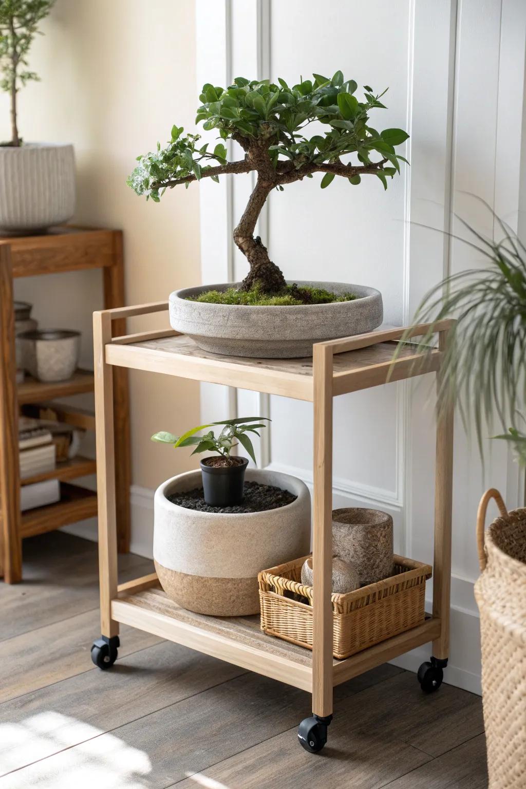 A rolling bonsai cart garden that follows the light—minimal, elegant layers with tools tucked away.
