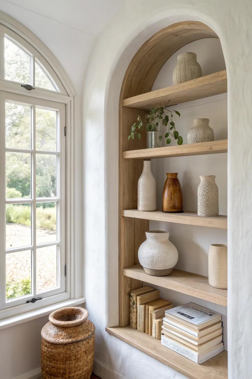An arched alcove bookcase with matching ceramics turns a tiny niche into a design moment.