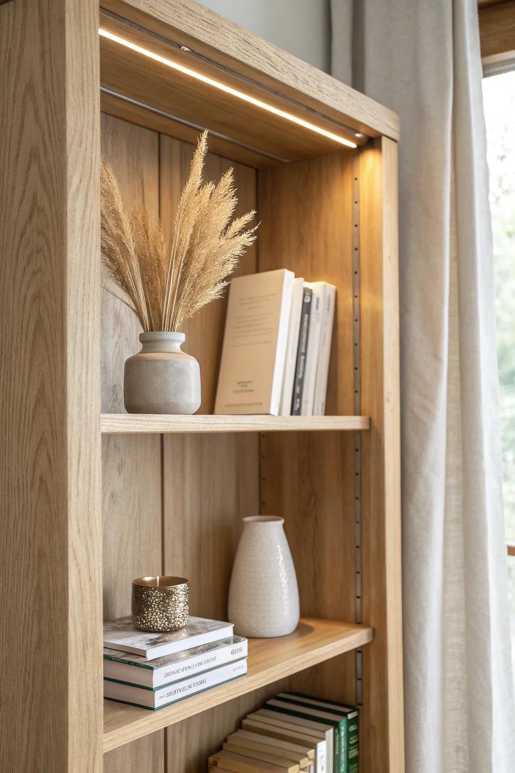 Mix warm and neutral shelf lighting—cozy decor glow plus crisp light for reading.
