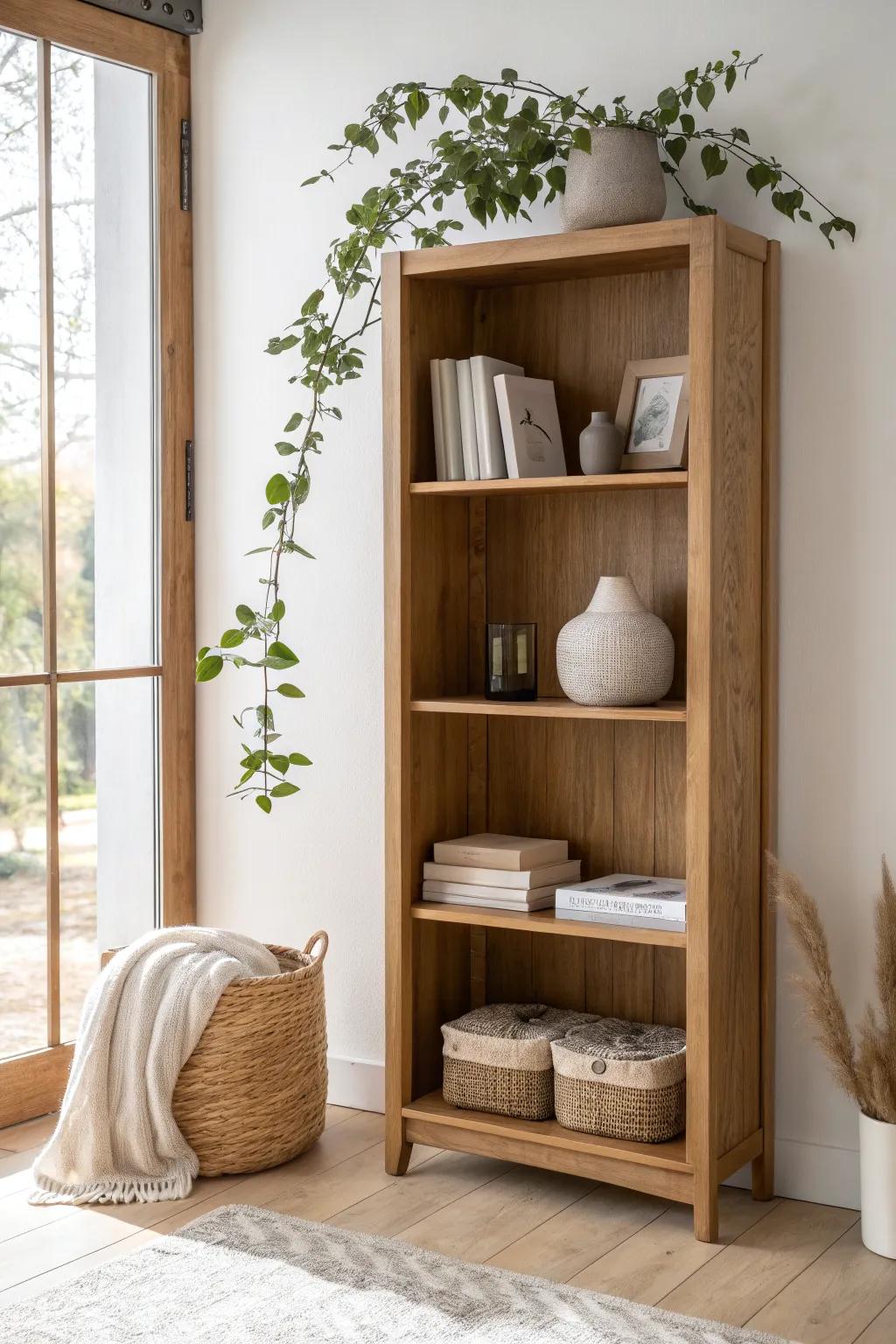 Create an airy bookshelf “window” by leaving one clean rectangle of intentional empty space.